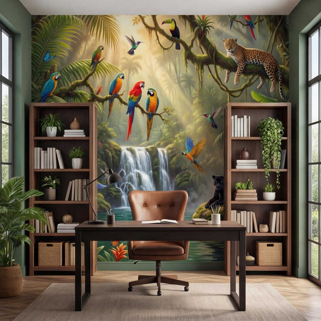 Tropical Jungle Peel and Stick Wall Mural, Rainforest Waterfall Parrots Leopard Panther Removable Wallpaper