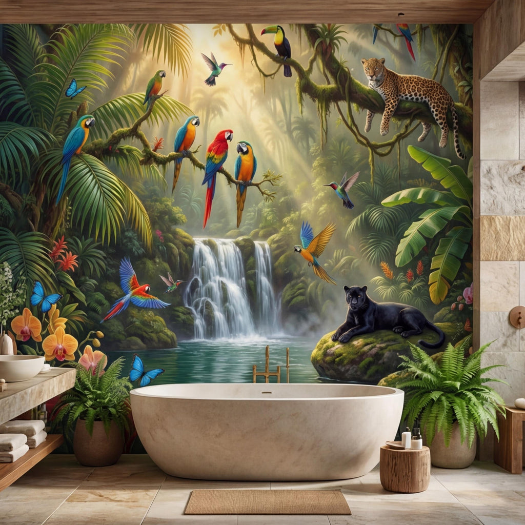 Tropical Jungle Peel and Stick Wall Mural, Rainforest Waterfall Parrots Leopard Panther Removable Wallpaper
