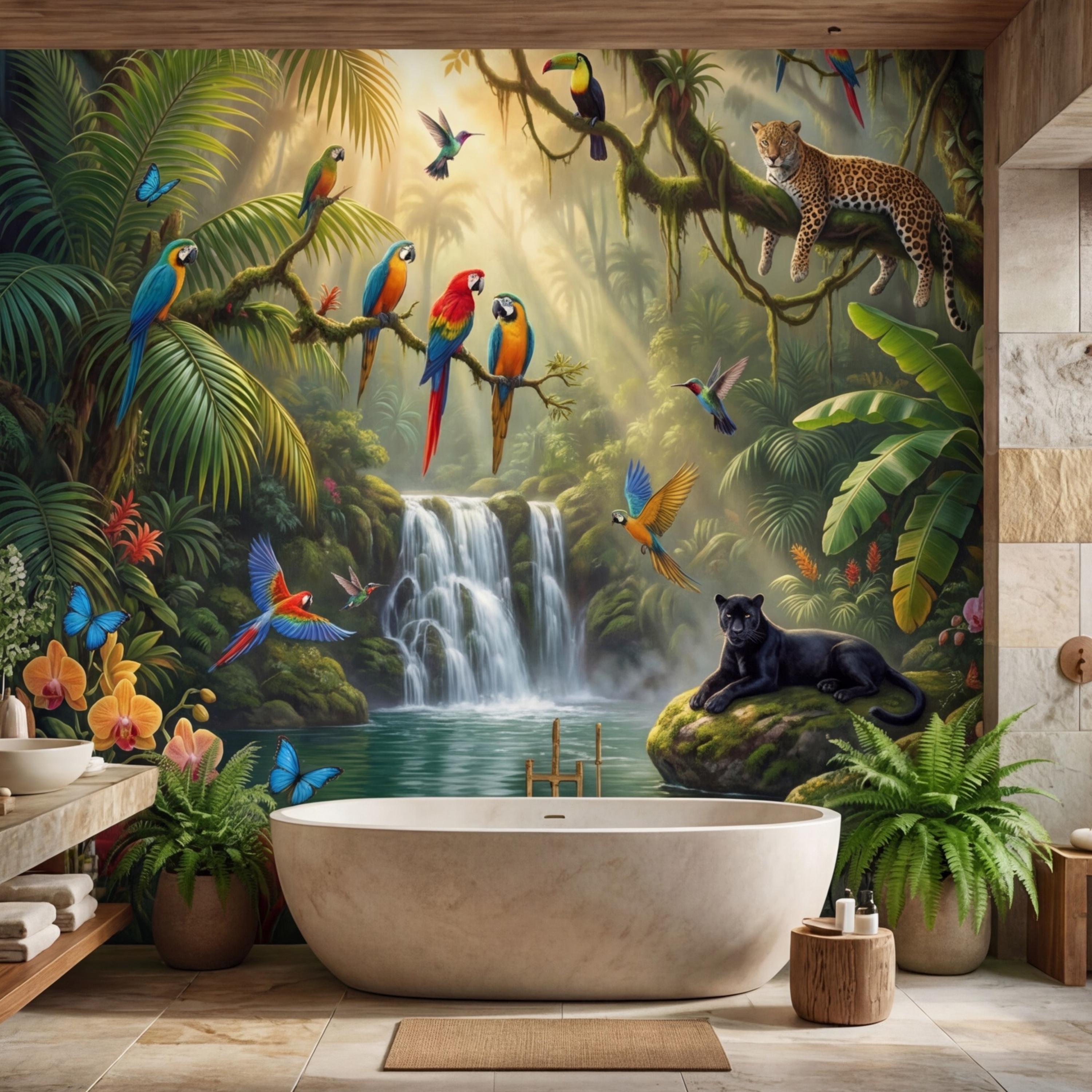 Tropical Jungle Peel and Stick Wall Mural, Rainforest Waterfall Parrots Leopard Panther Removable Wallpaper