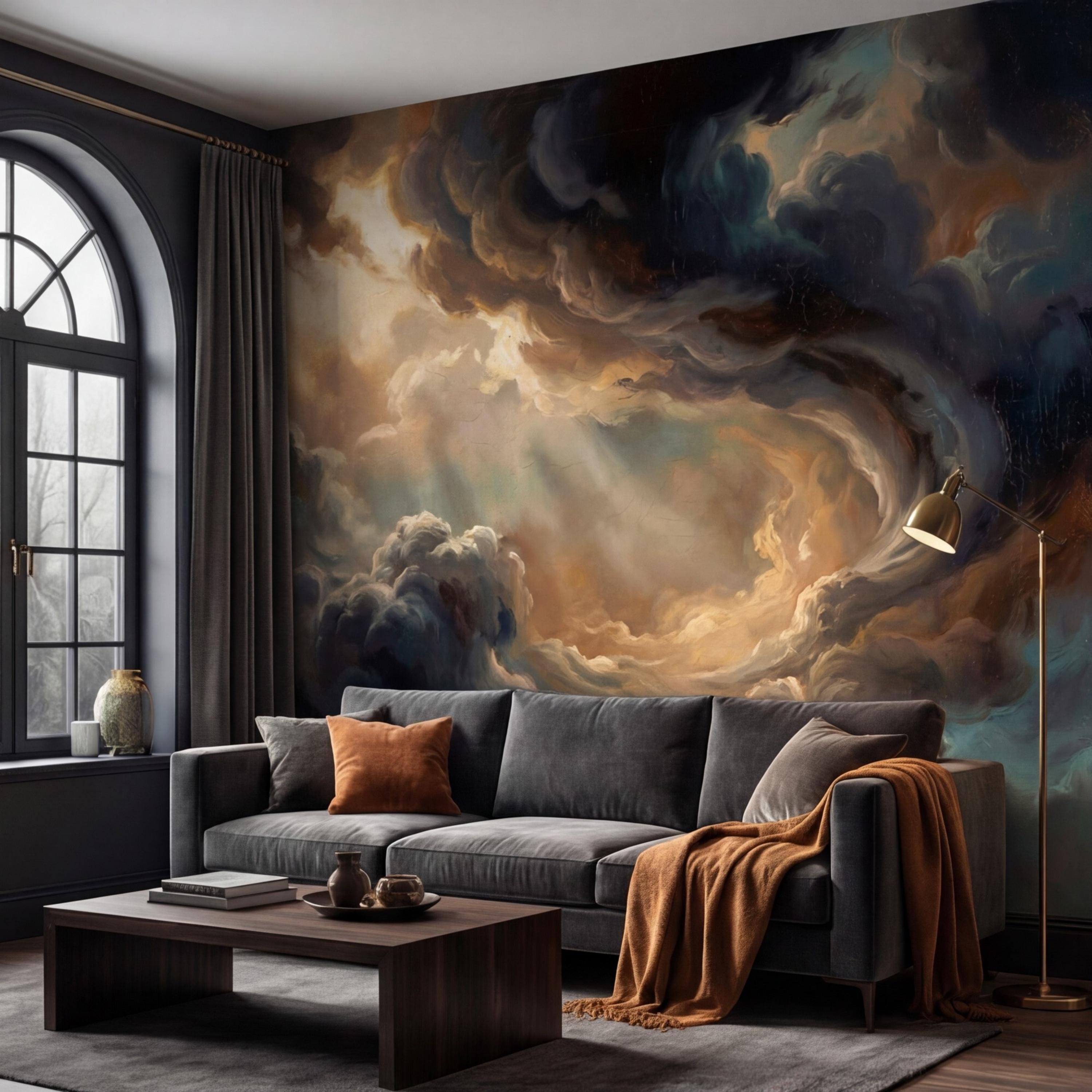 Dark Baroque Oil Painting Style Cloud Sky Peel and Stick Wall Mural, Moody Vintage Dramatic Wallpaper