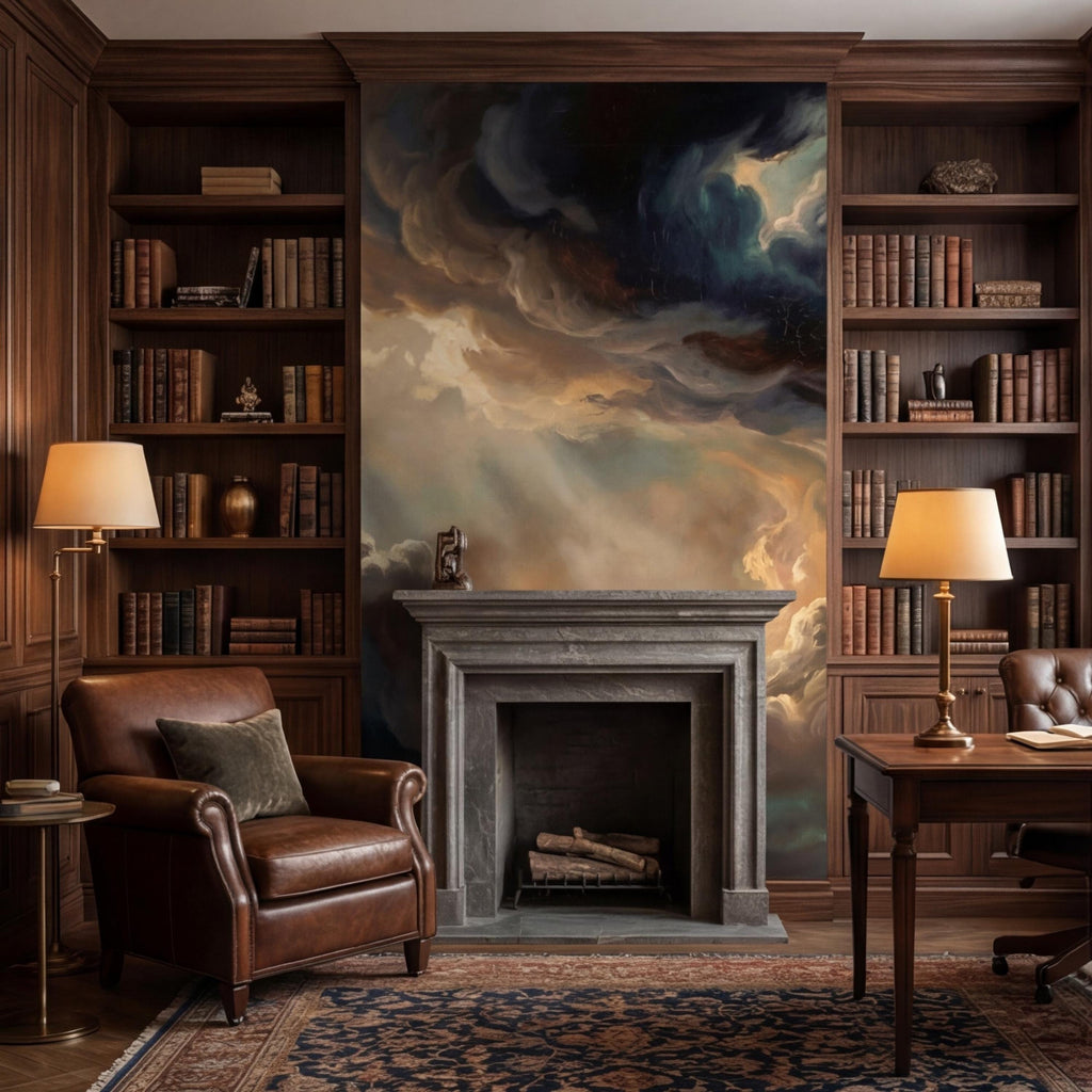 Dark Baroque Oil Painting Style Cloud Sky Peel and Stick Wall Mural, Moody Vintage Dramatic Wallpaper