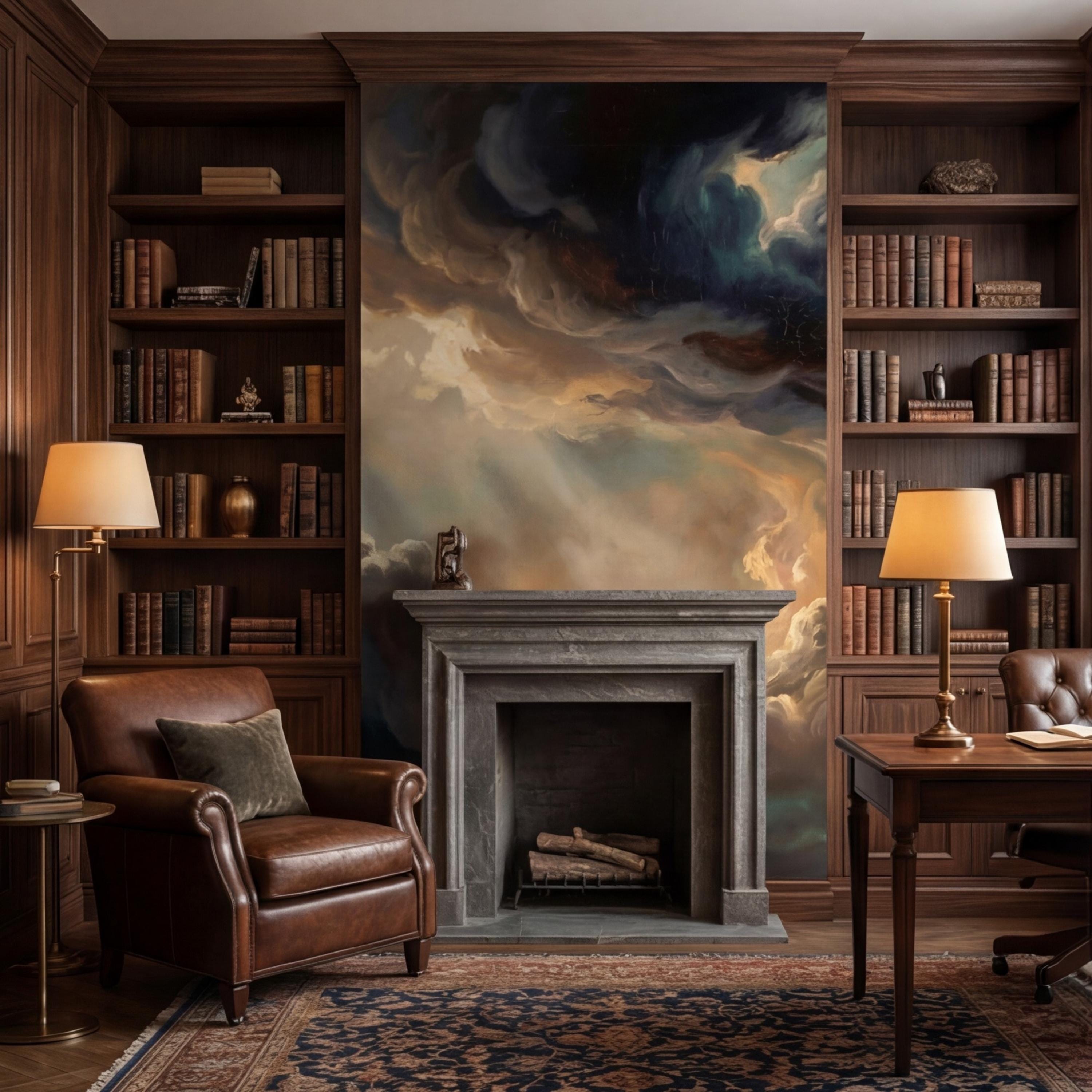 Dark Baroque Oil Painting Style Cloud Sky Peel and Stick Wall Mural, Moody Vintage Dramatic Wallpaper
