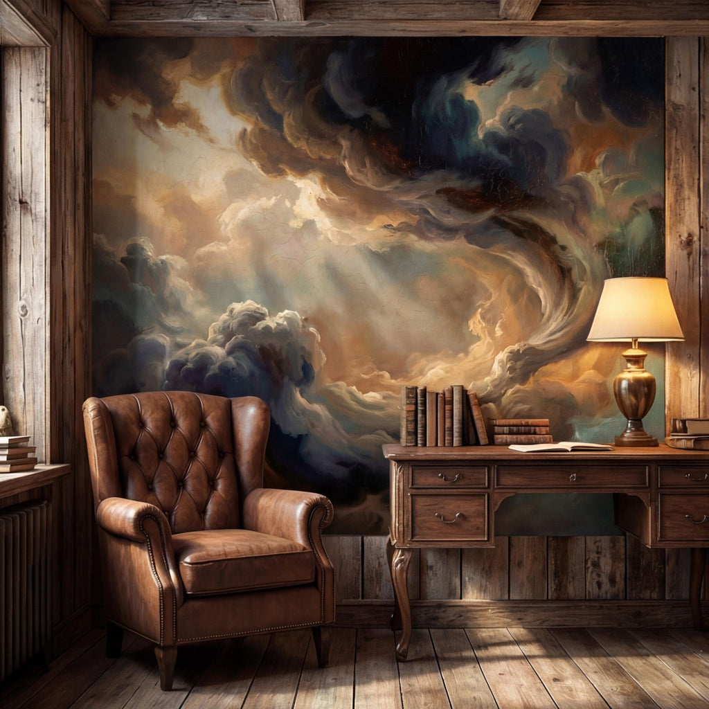Dark Baroque Oil Painting Style Cloud Sky Peel and Stick Wall Mural, Moody Vintage Dramatic Wallpaper