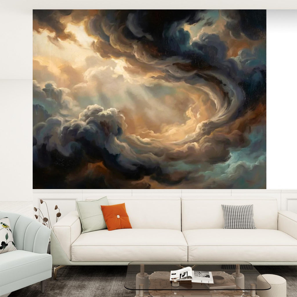 Dark Baroque Oil Painting Style Cloud Sky Peel and Stick Wall Mural, Moody Vintage Dramatic Wallpaper