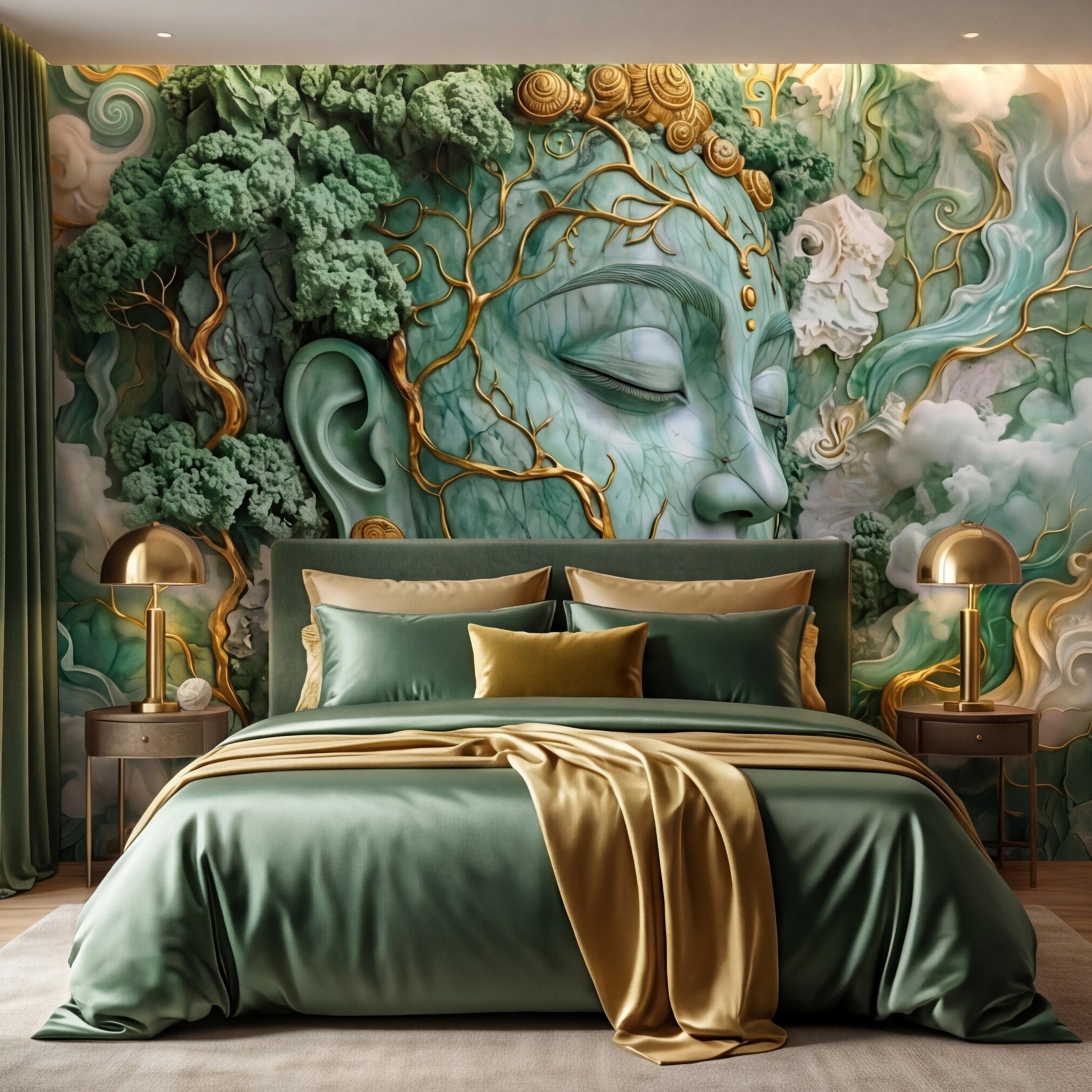 Jade Nature Goddess Peel and Stick Wall Mural, Fantasy Female Face Wallpaper, Boho Spiritual Meditation Wall Art