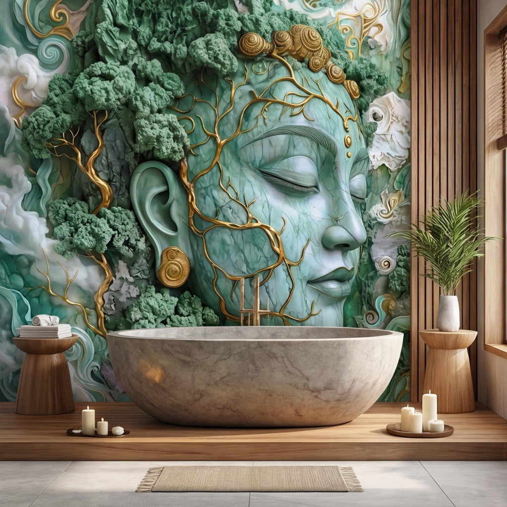 Jade Nature Goddess Peel and Stick Wall Mural, Fantasy Female Face Wallpaper, Boho Spiritual Meditation Wall Art