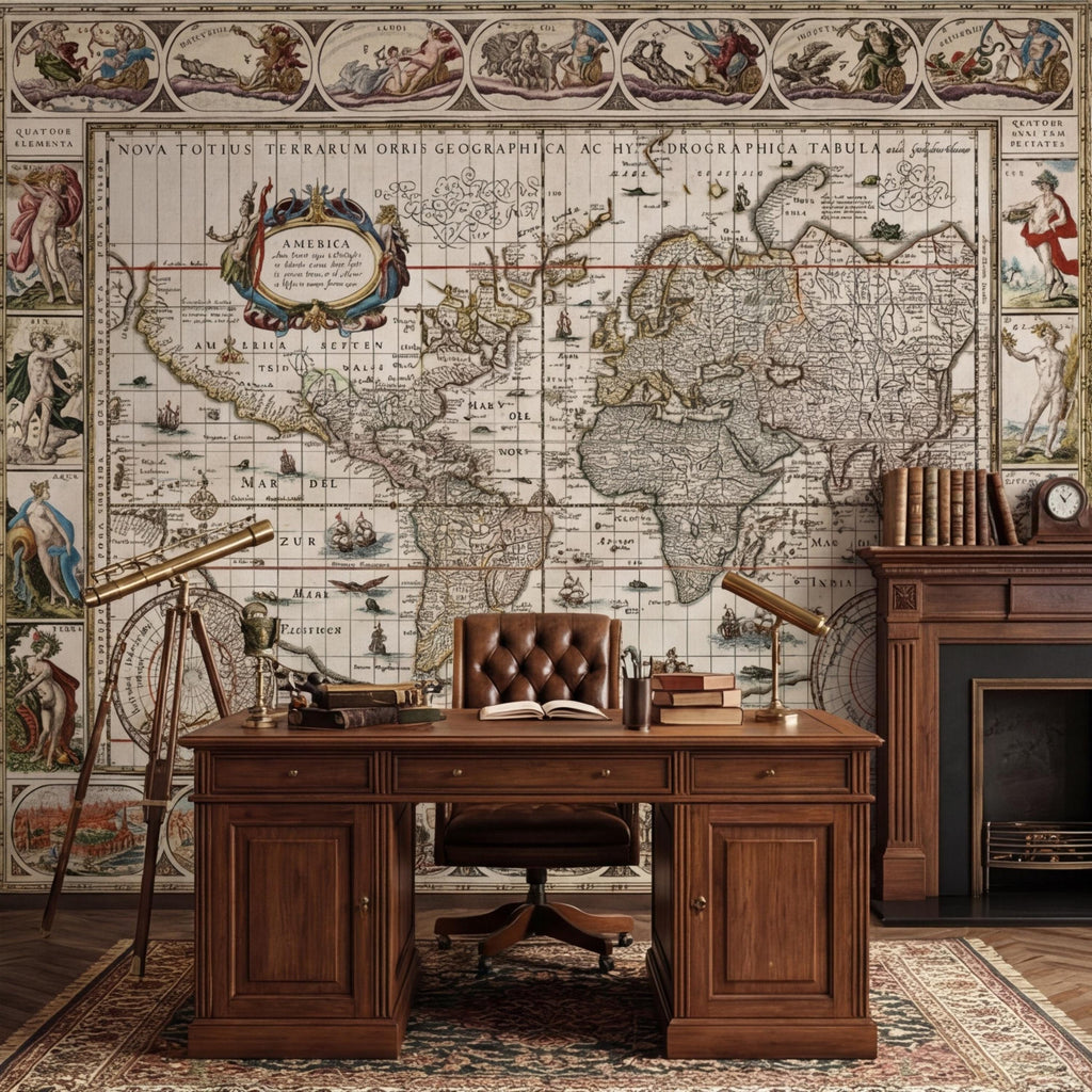 Vintage World Map Peel and Stick Removable Wall Mural, Antique Map Wallpaper, Old World Atlas Wall Art
