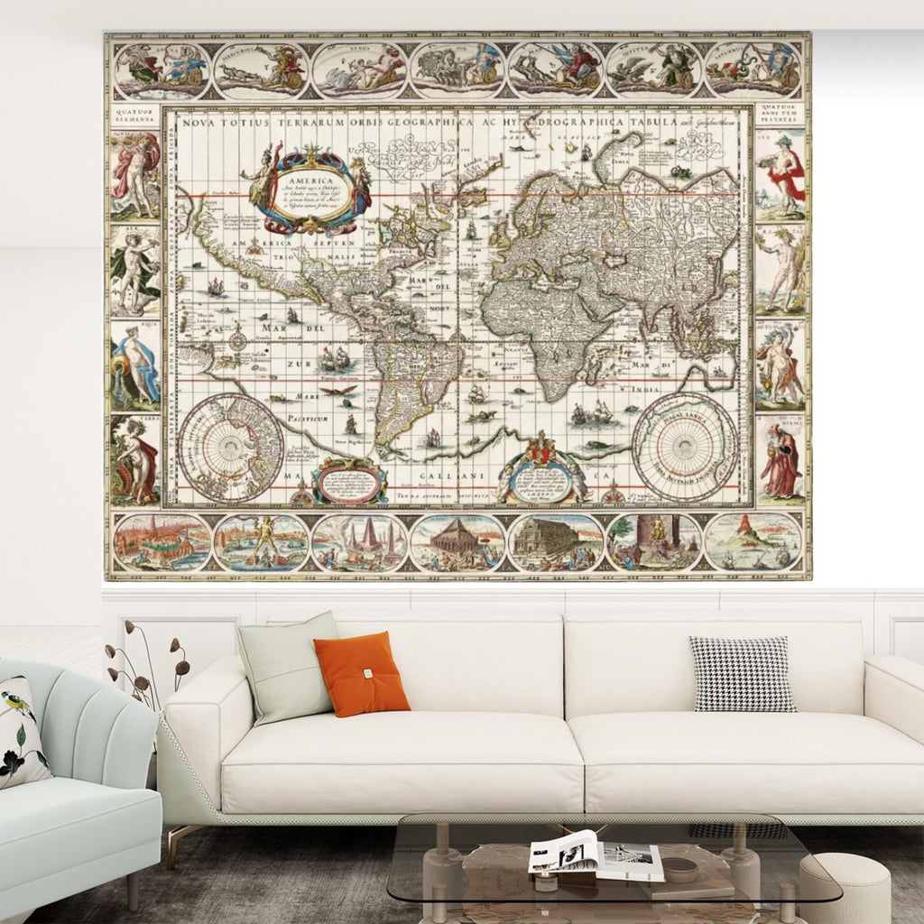 Vintage World Map Peel and Stick Removable Wall Mural, Antique Map Wallpaper, Old World Atlas Wall Art