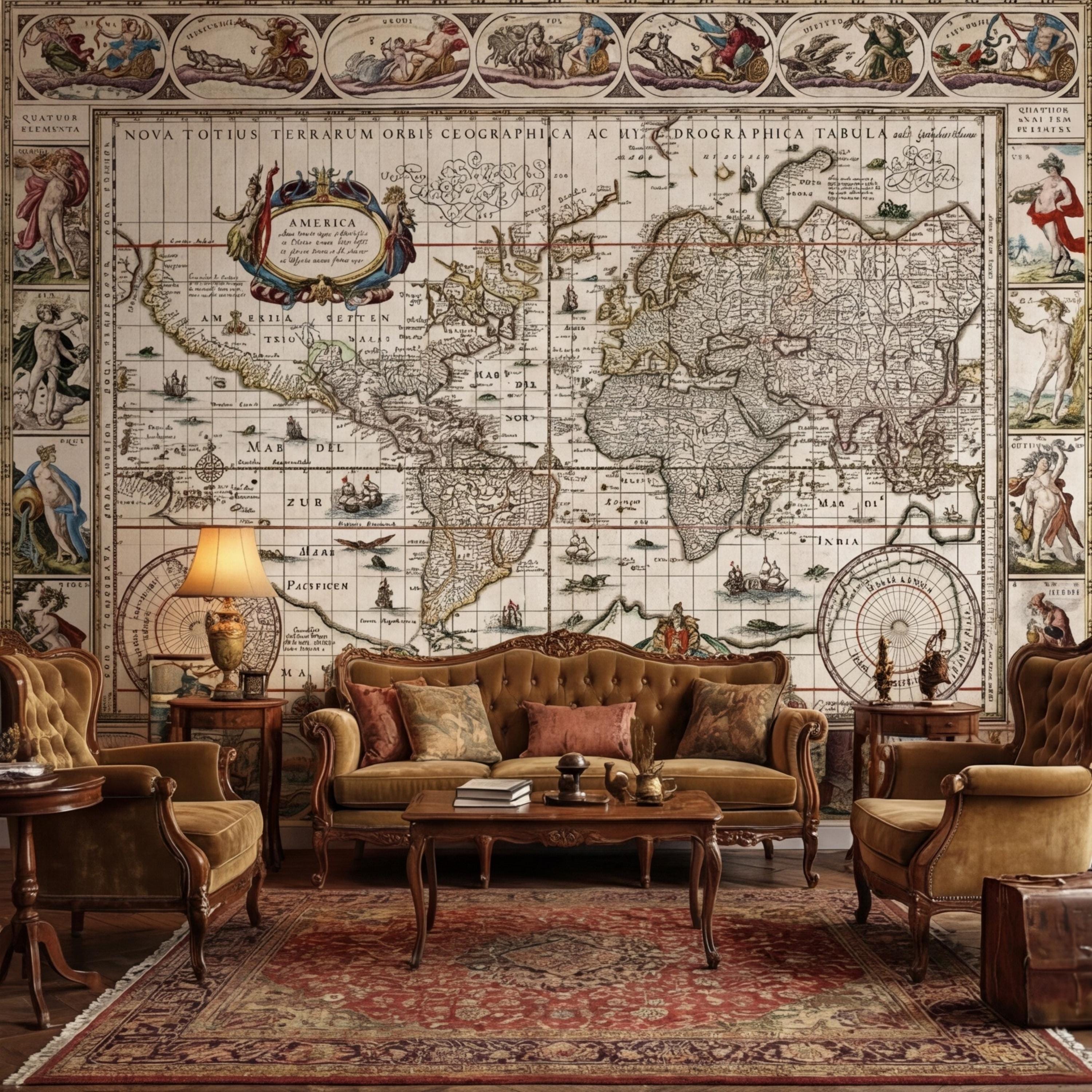 Vintage World Map Peel and Stick Removable Wall Mural, Antique Map Wallpaper, Old World Atlas Wall Art