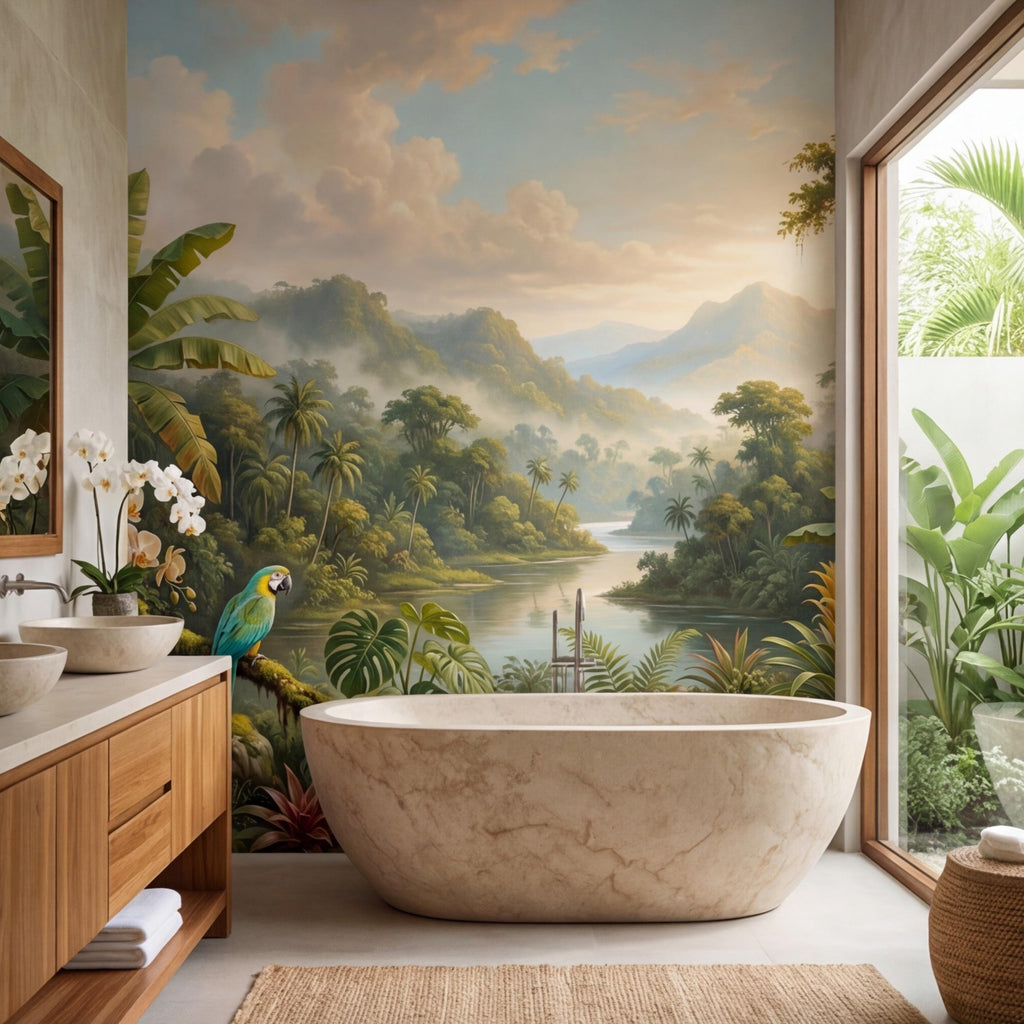 Jungle Tropical Rainforest River Peel and Stick Wall Mural, Parrot Orchids & Misty Mountains Removable Wallpaper