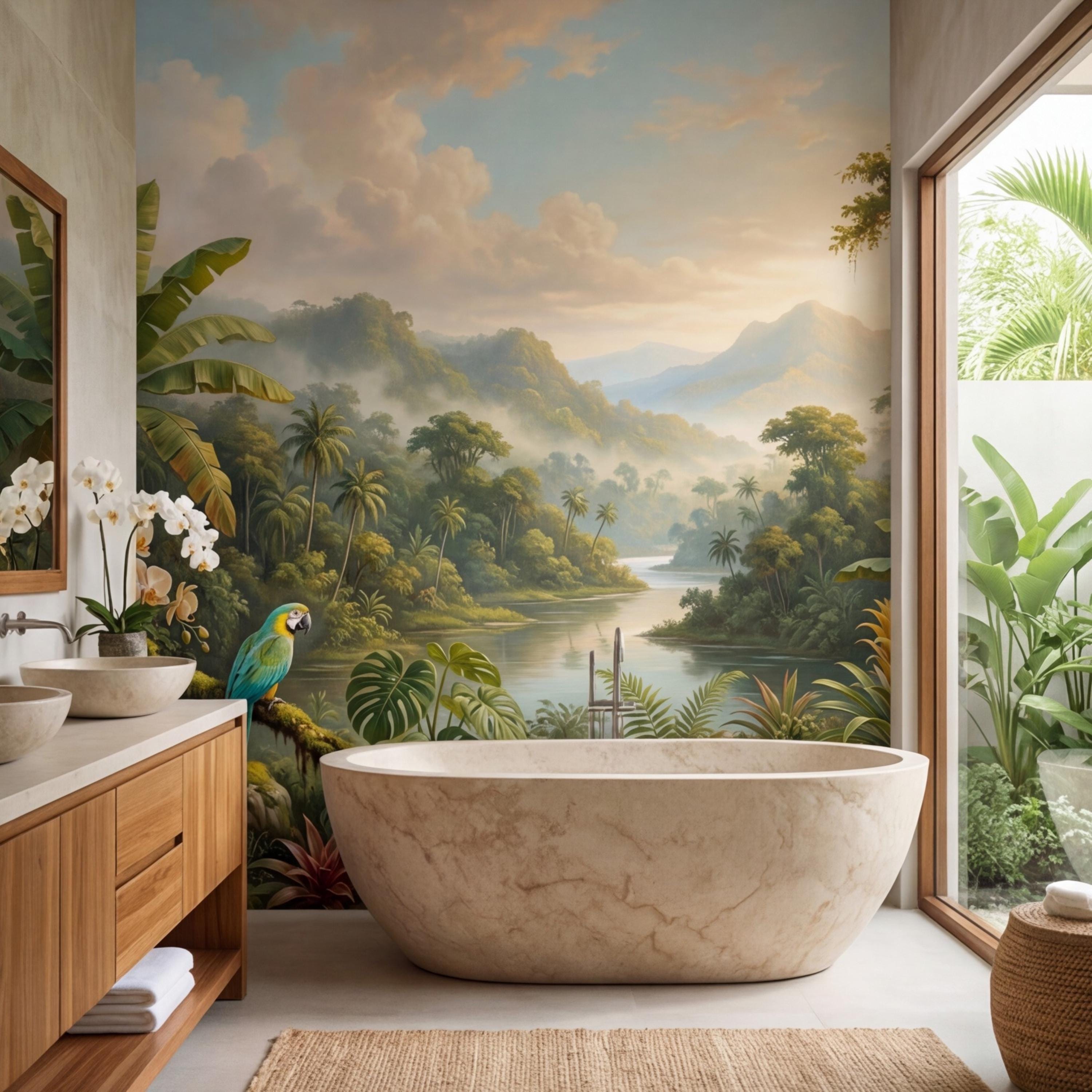 Jungle Tropical Rainforest River Peel and Stick Wall Mural, Parrot Orchids & Misty Mountains Removable Wallpaper
