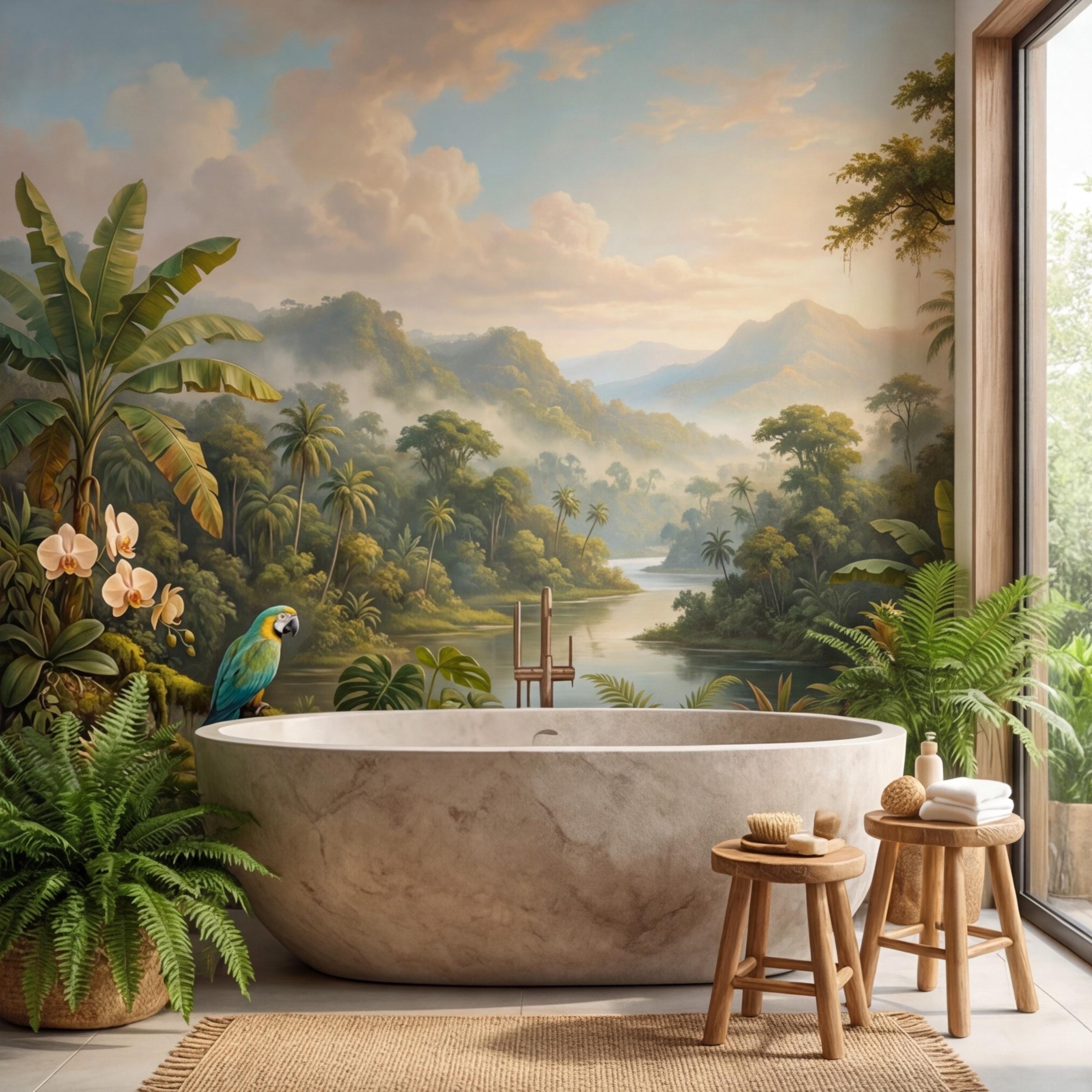 Jungle Tropical Rainforest River Peel and Stick Wall Mural, Parrot Orchids & Misty Mountains Removable Wallpaper