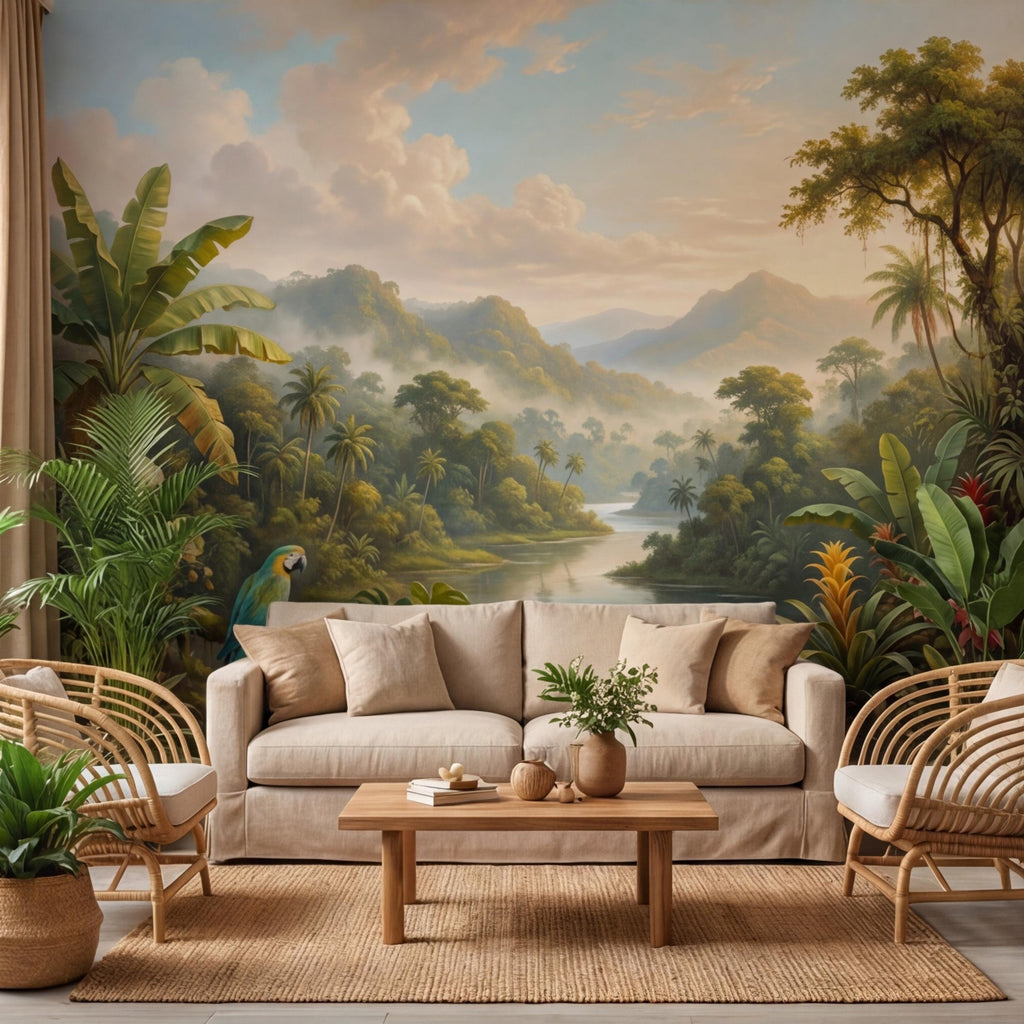 Jungle Tropical Rainforest River Peel and Stick Wall Mural, Parrot Orchids & Misty Mountains Removable Wallpaper