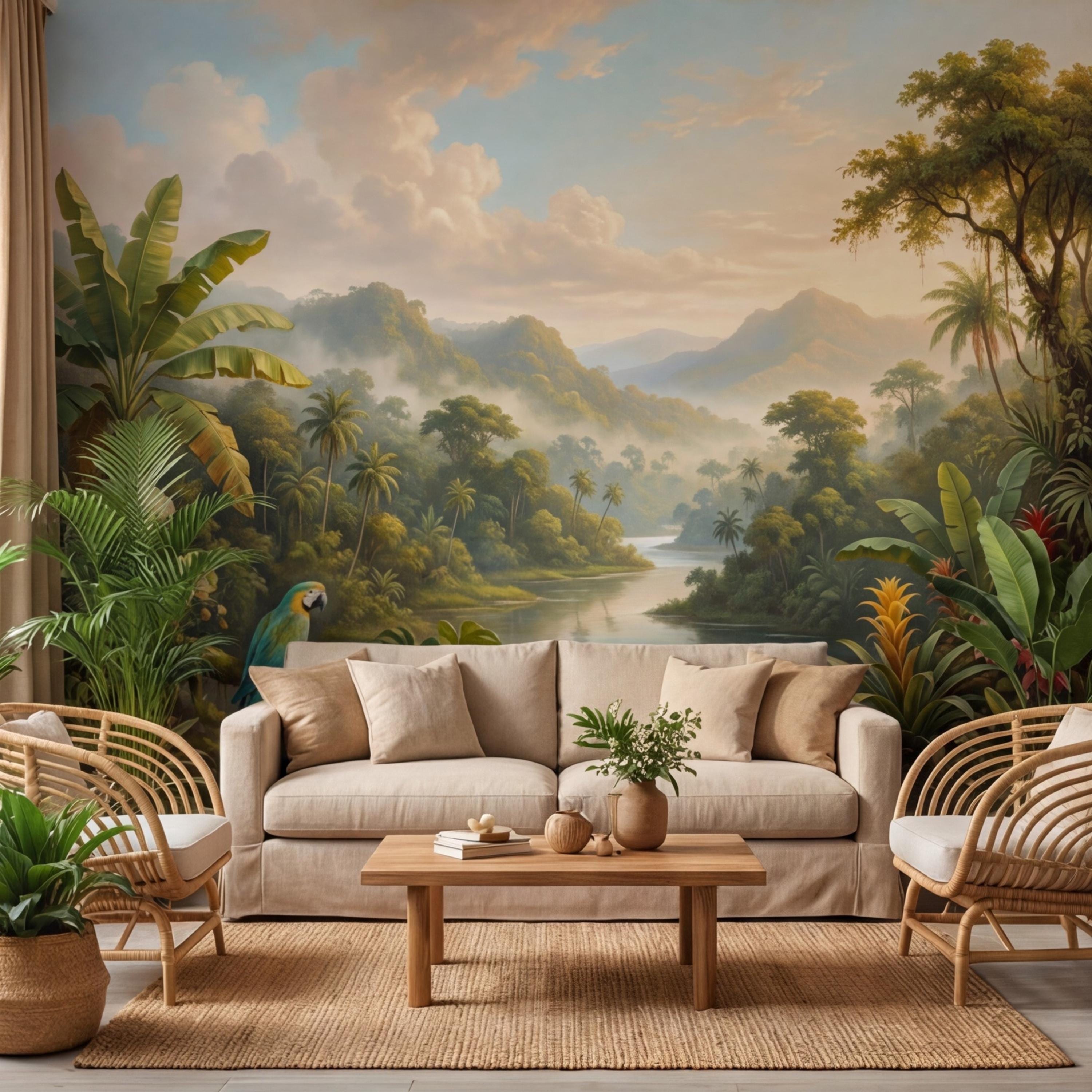 Jungle Tropical Rainforest River Peel and Stick Wall Mural, Parrot Orchids & Misty Mountains Removable Wallpaper