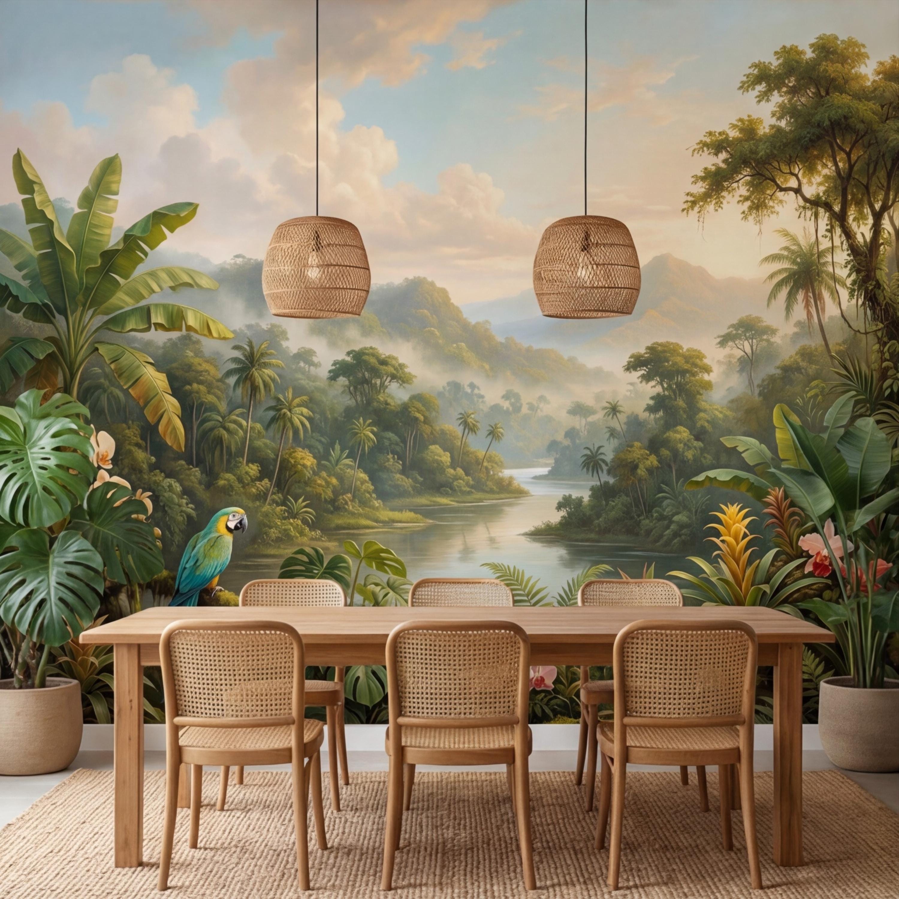 Jungle Tropical Rainforest River Peel and Stick Wall Mural, Parrot Orchids & Misty Mountains Removable Wallpaper