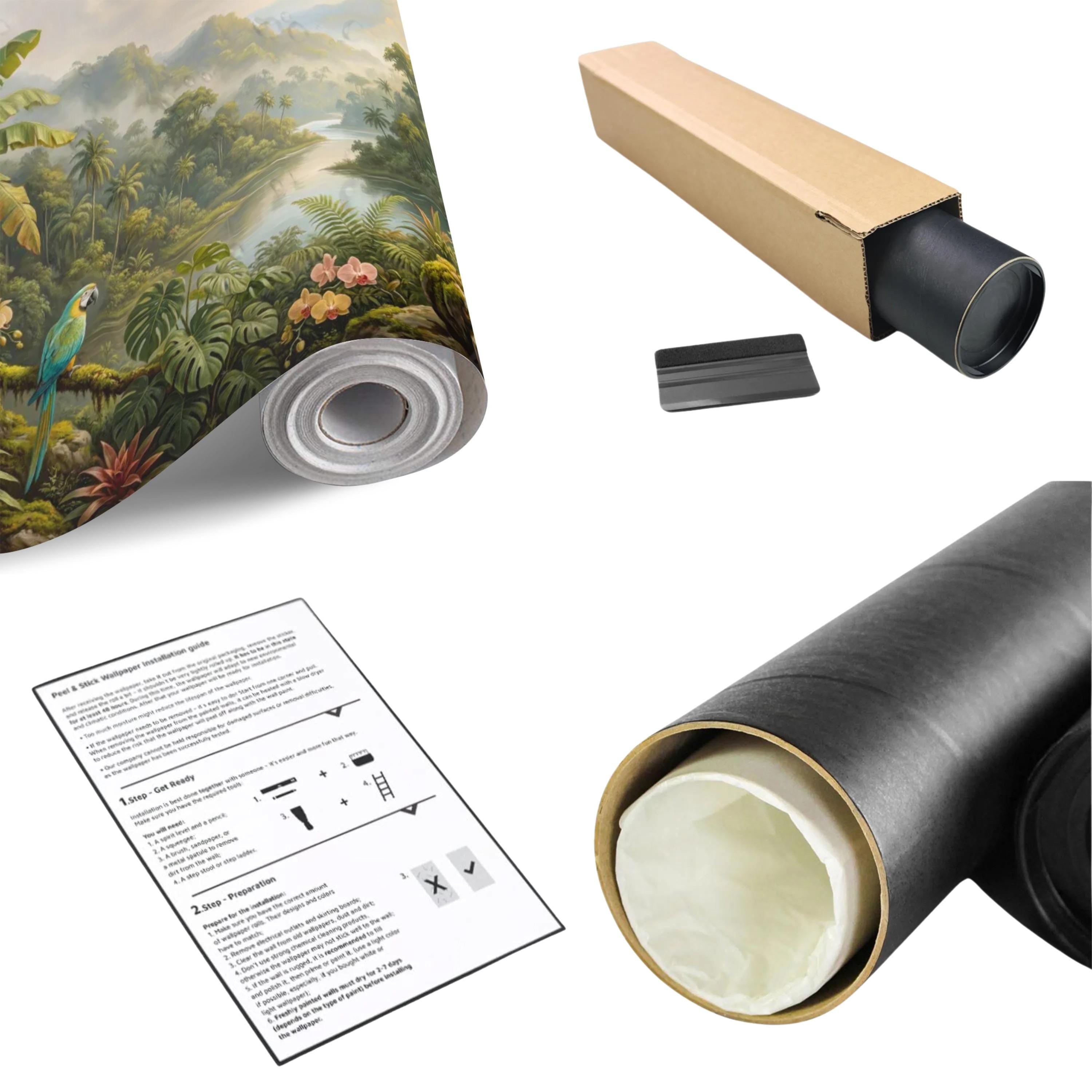 Jungle Tropical Rainforest River Peel and Stick Wall Mural, Parrot Orchids & Misty Mountains Removable Wallpaper