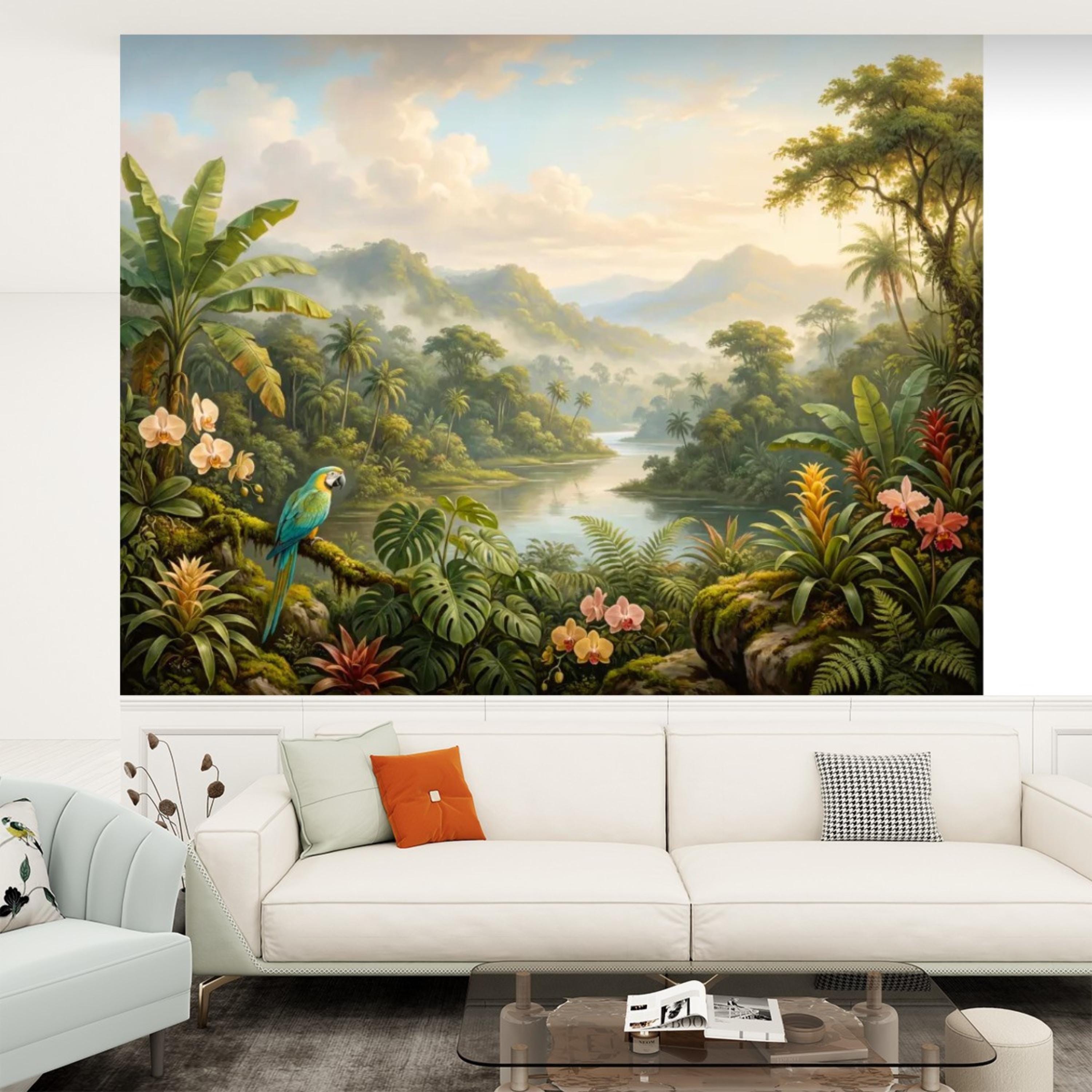 Jungle Tropical Rainforest River Peel and Stick Wall Mural, Parrot Orchids & Misty Mountains Removable Wallpaper