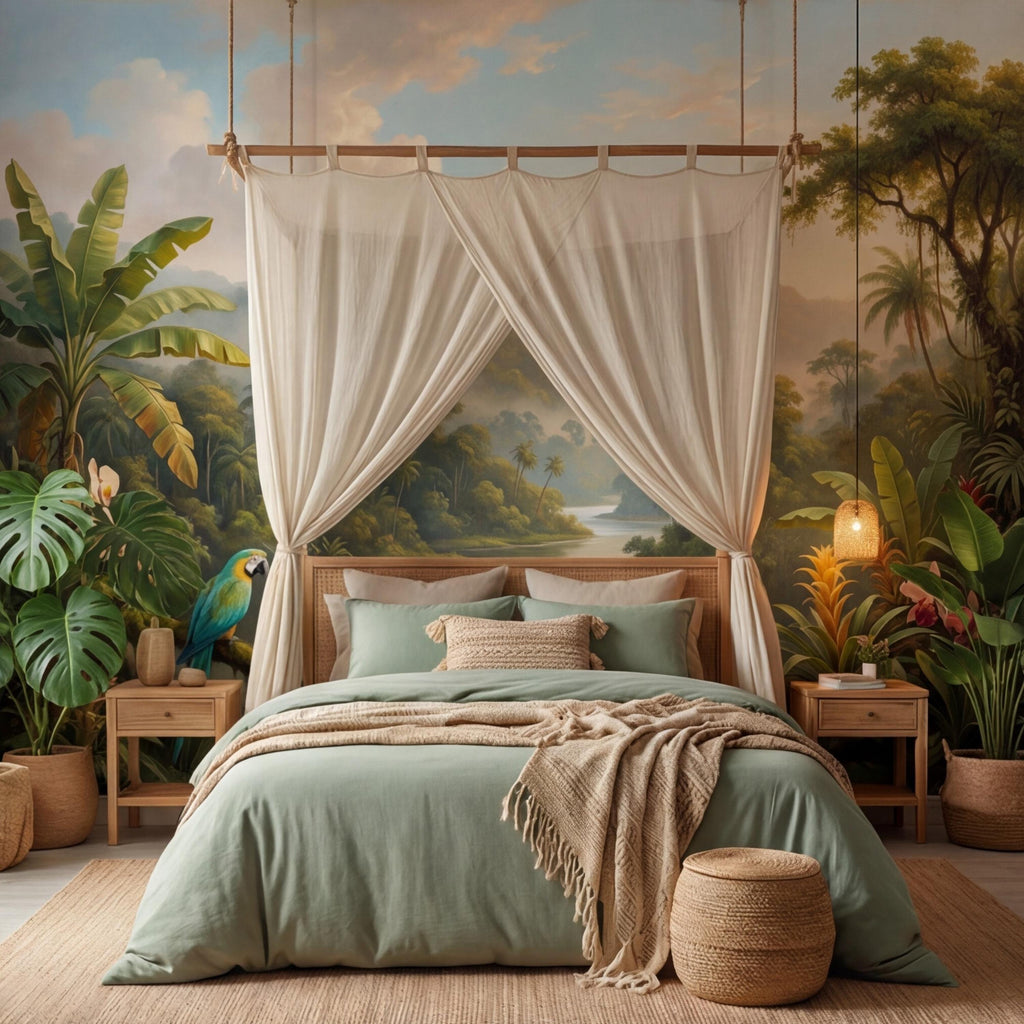 Jungle Tropical Rainforest River Peel and Stick Wall Mural, Parrot Orchids & Misty Mountains Removable Wallpaper