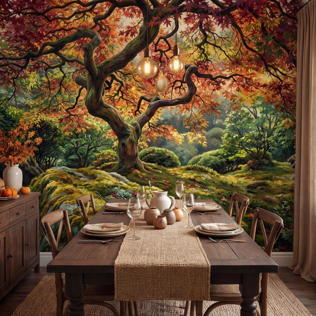 Japanese Maple Autumn Forest Peel and Stick Wall Mural, Moss Garden Landscape Removable Wallpaper