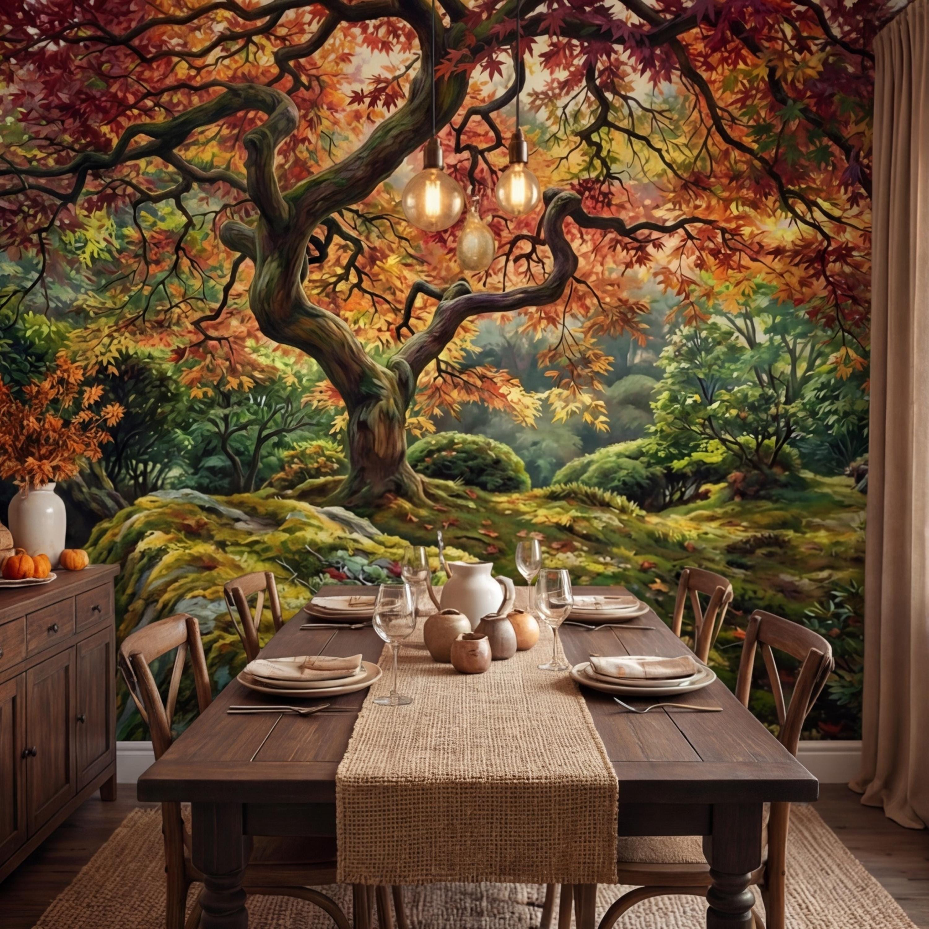 Japanese Maple Autumn Forest Peel and Stick Wall Mural, Moss Garden Landscape Removable Wallpaper