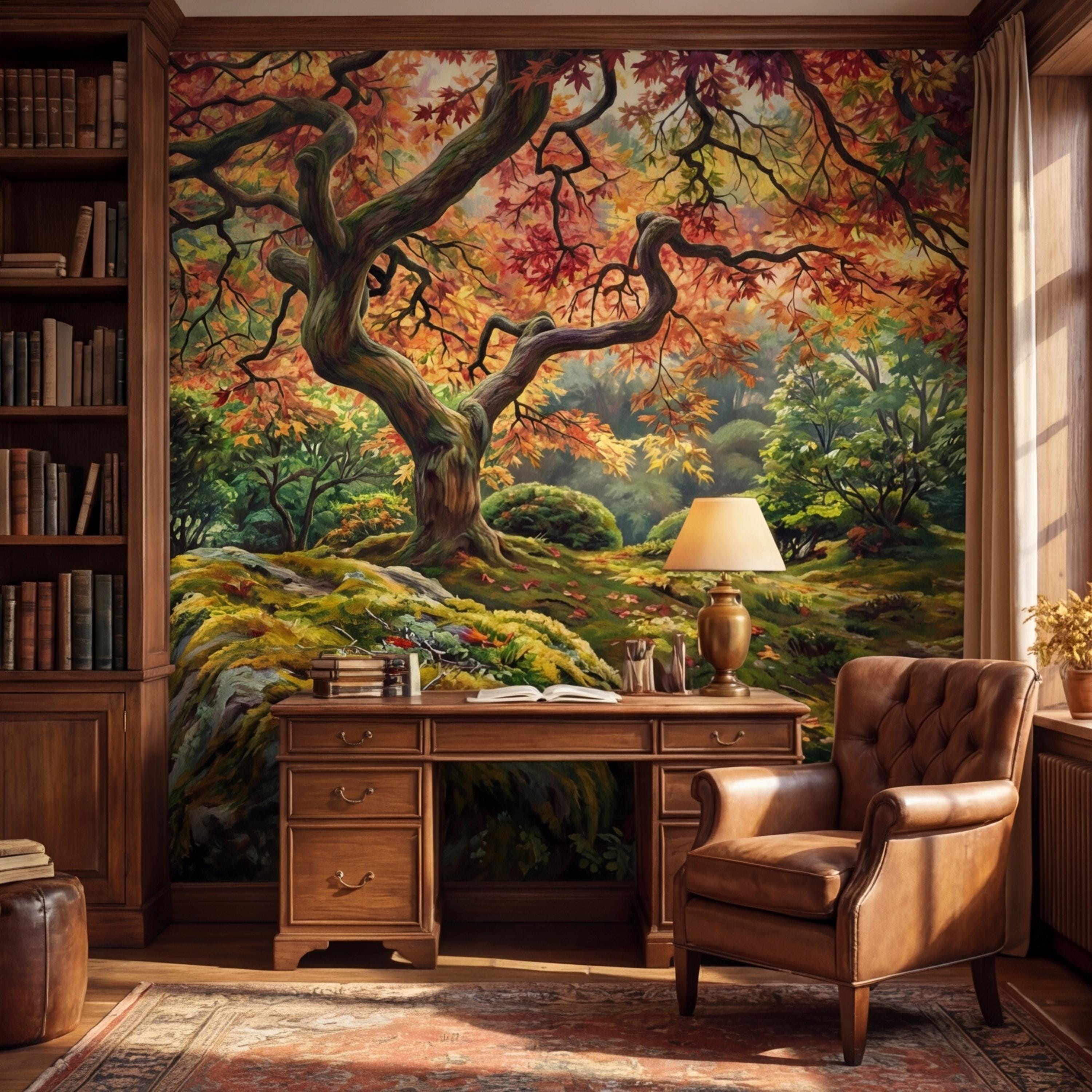 Japanese Maple Autumn Forest Peel and Stick Wall Mural, Moss Garden Landscape Removable Wallpaper
