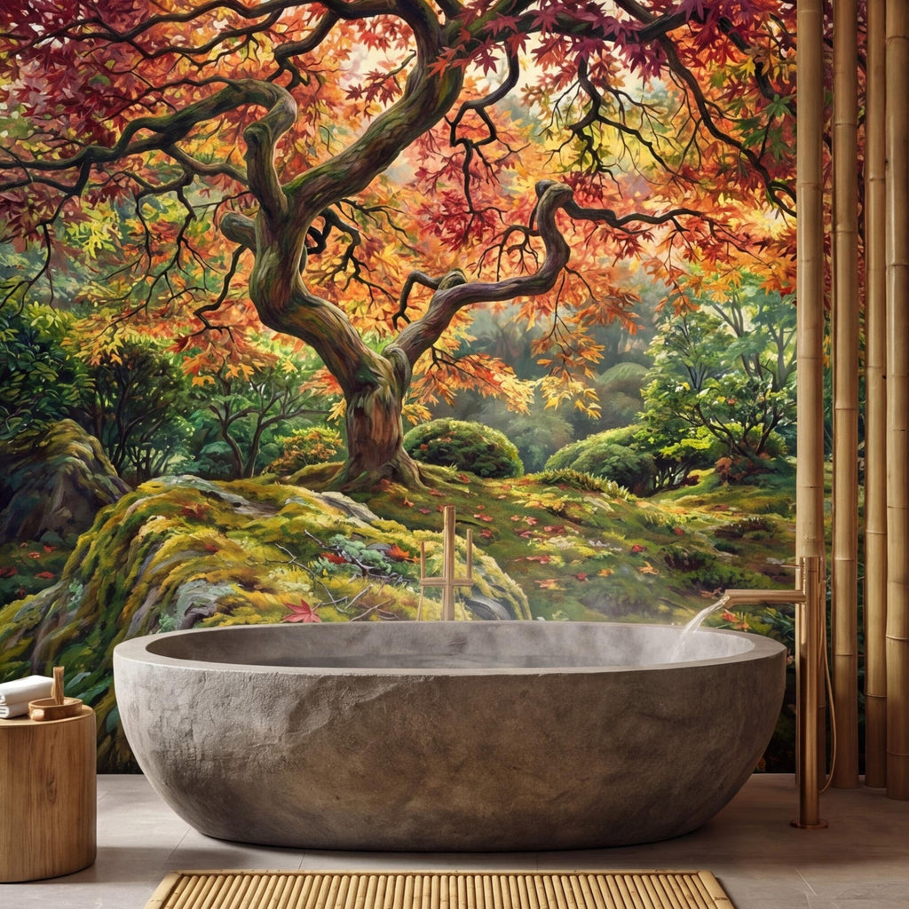 Japanese Maple Autumn Forest Peel and Stick Wall Mural, Moss Garden Landscape Removable Wallpaper