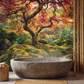 Japanese Maple Autumn Forest Peel and Stick Wall Mural, Moss Garden Landscape Removable Wallpaper