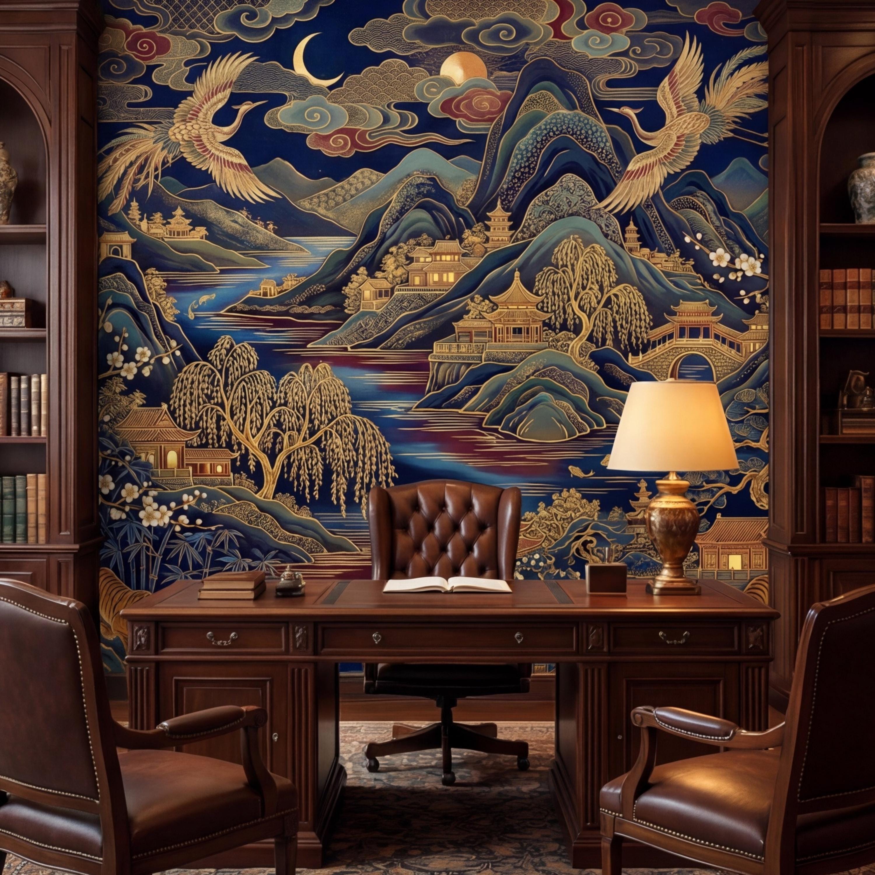 Chinoiserie Navy Blue Peel and Stick Wall Mural, Asian Mountain Landscape Tigers & Cranes Removable Wallpaper