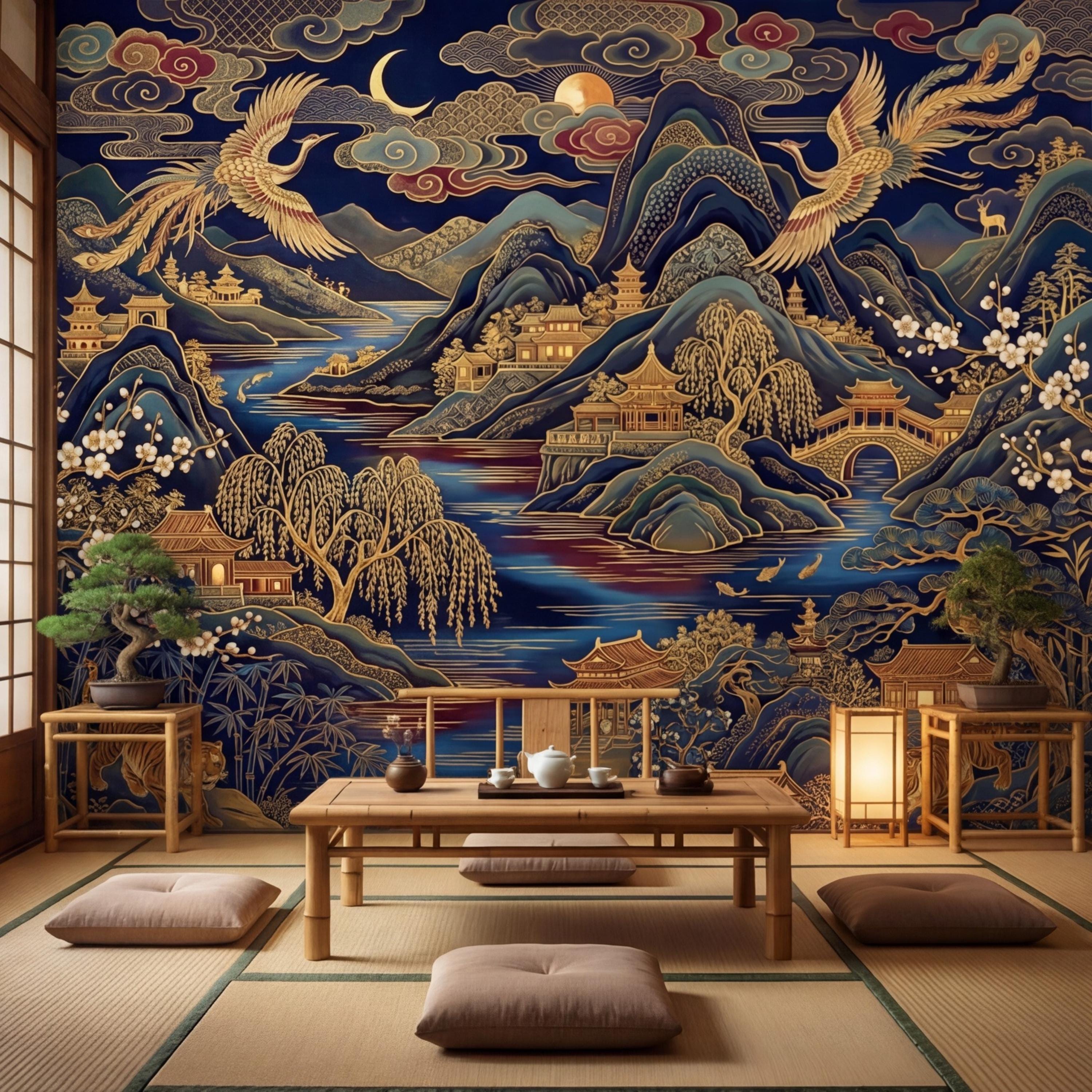 Chinoiserie Navy Blue Peel and Stick Wall Mural, Asian Mountain Landscape Tigers & Cranes Removable Wallpaper