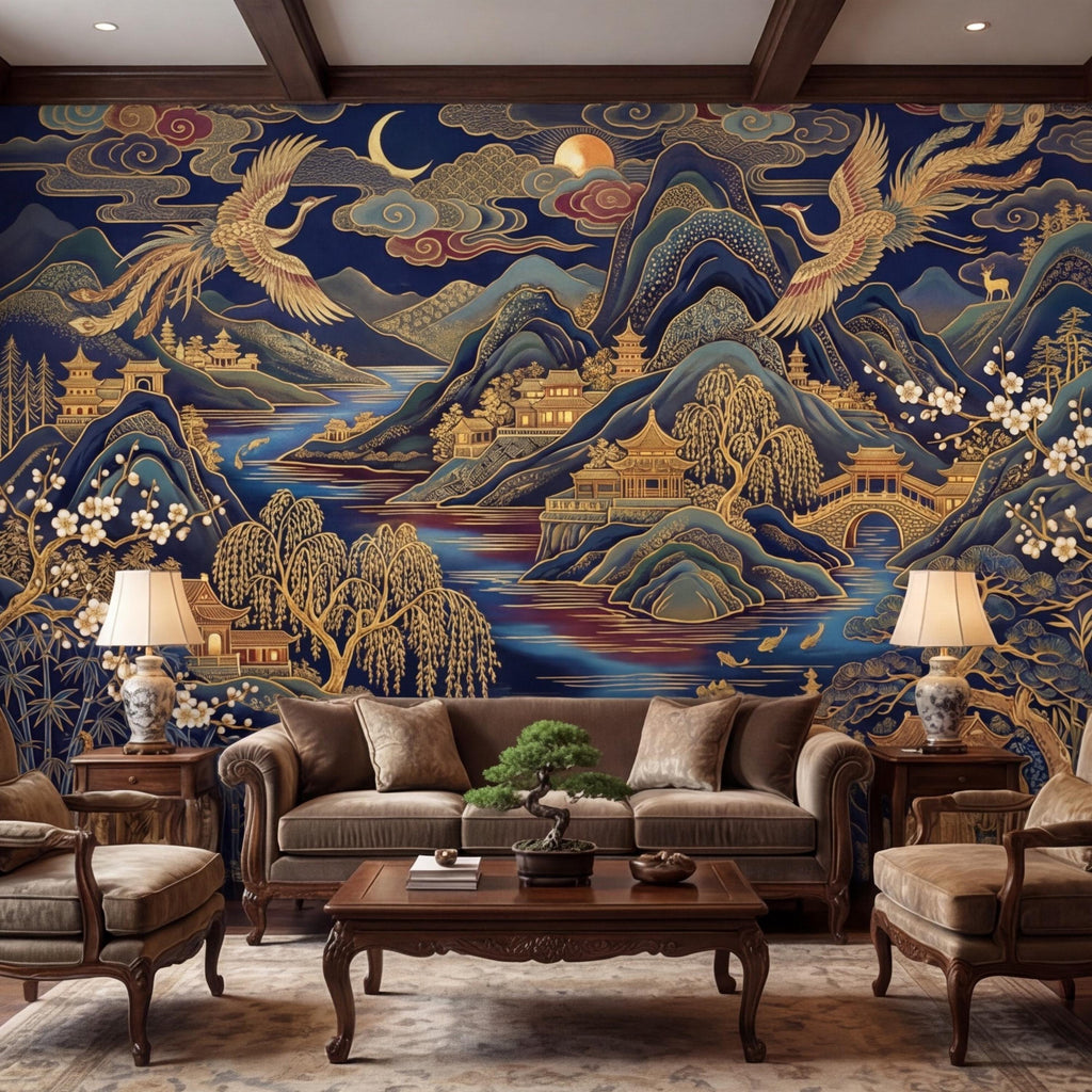 Chinoiserie Navy Blue Peel and Stick Wall Mural, Asian Mountain Landscape Tigers & Cranes Removable Wallpaper