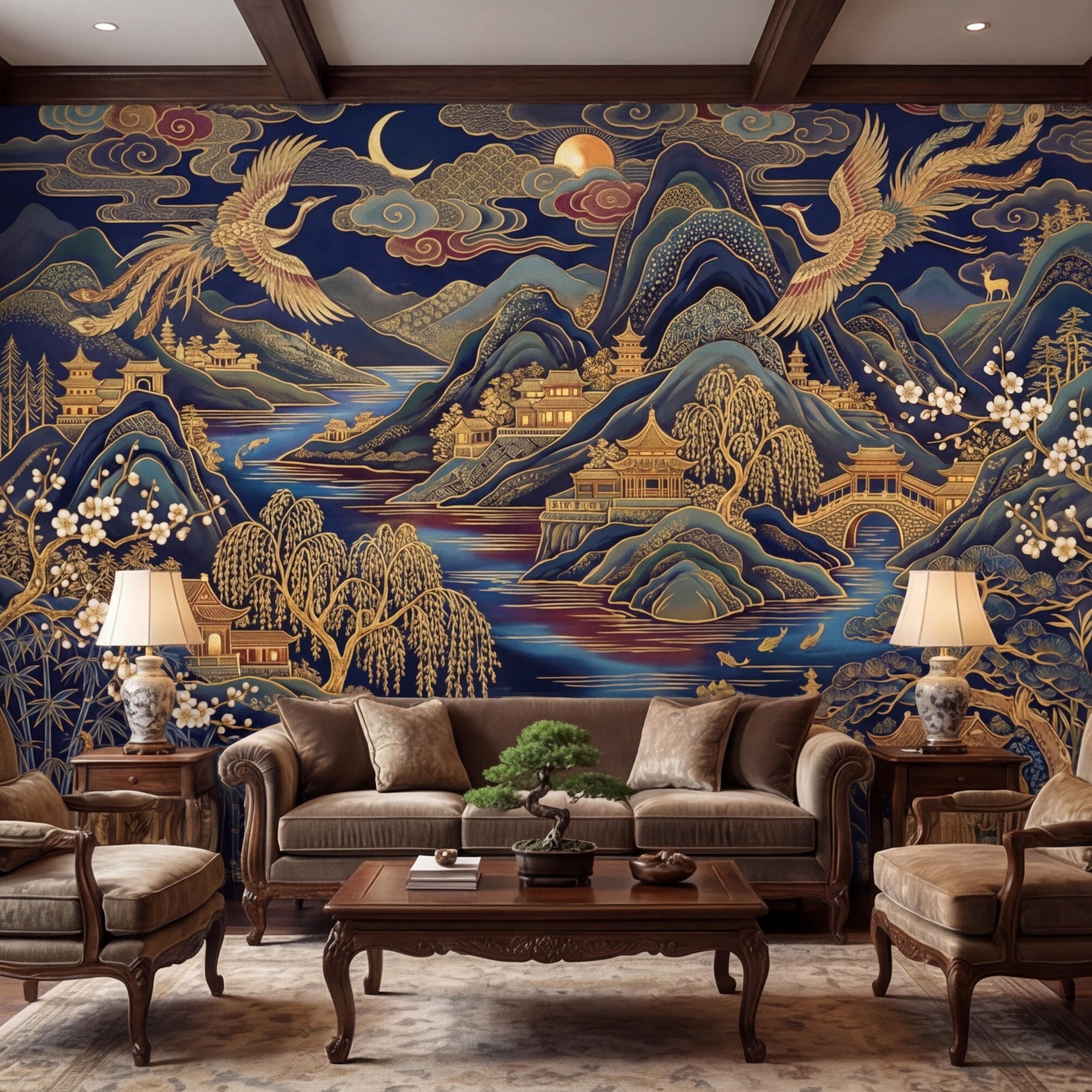 Chinoiserie Navy Blue Peel and Stick Wall Mural, Asian Mountain Landscape Tigers & Cranes Removable Wallpaper