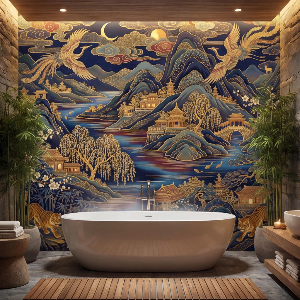 Chinoiserie Navy Blue Peel and Stick Wall Mural, Asian Mountain Landscape Tigers & Cranes Removable Wallpaper