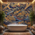Chinoiserie Navy Blue Peel and Stick Wall Mural, Asian Mountain Landscape Tigers & Cranes Removable Wallpaper
