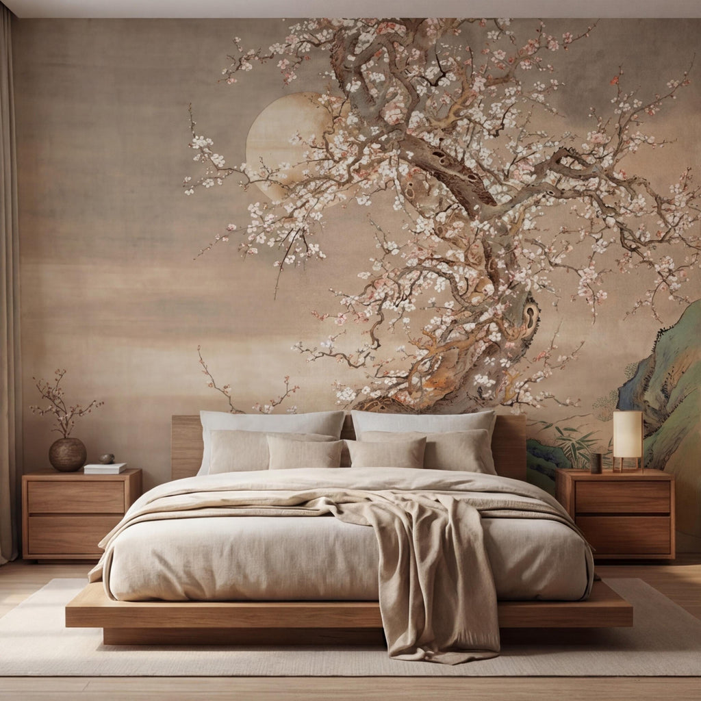 Neutral Beige Asian Blossom Tree Peel and Stick Wall Mural, Chinoiserie Ink Painting Removable Wallpaper