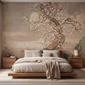 Neutral Beige Asian Blossom Tree Peel and Stick Wall Mural, Chinoiserie Ink Painting Removable Wallpaper