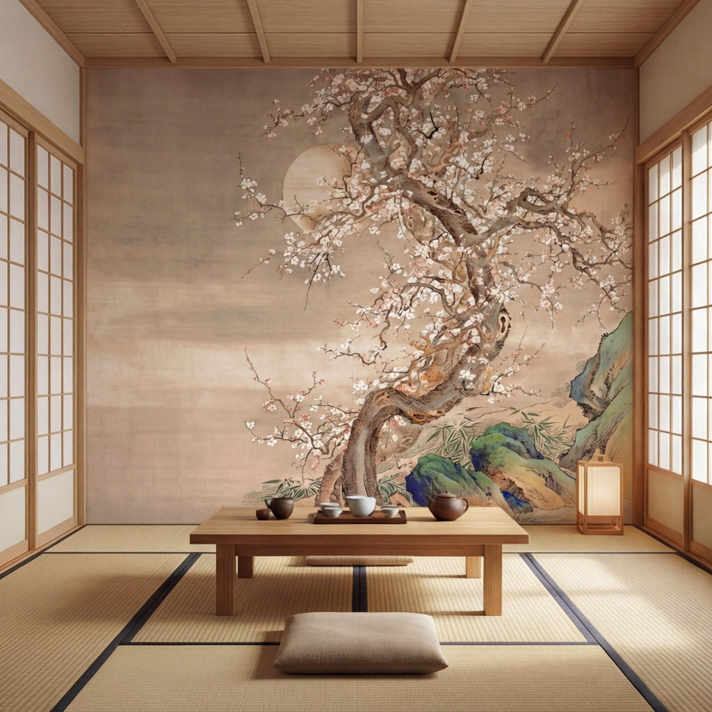 Neutral Beige Asian Blossom Tree Peel and Stick Wall Mural, Chinoiserie Ink Painting Removable Wallpaper