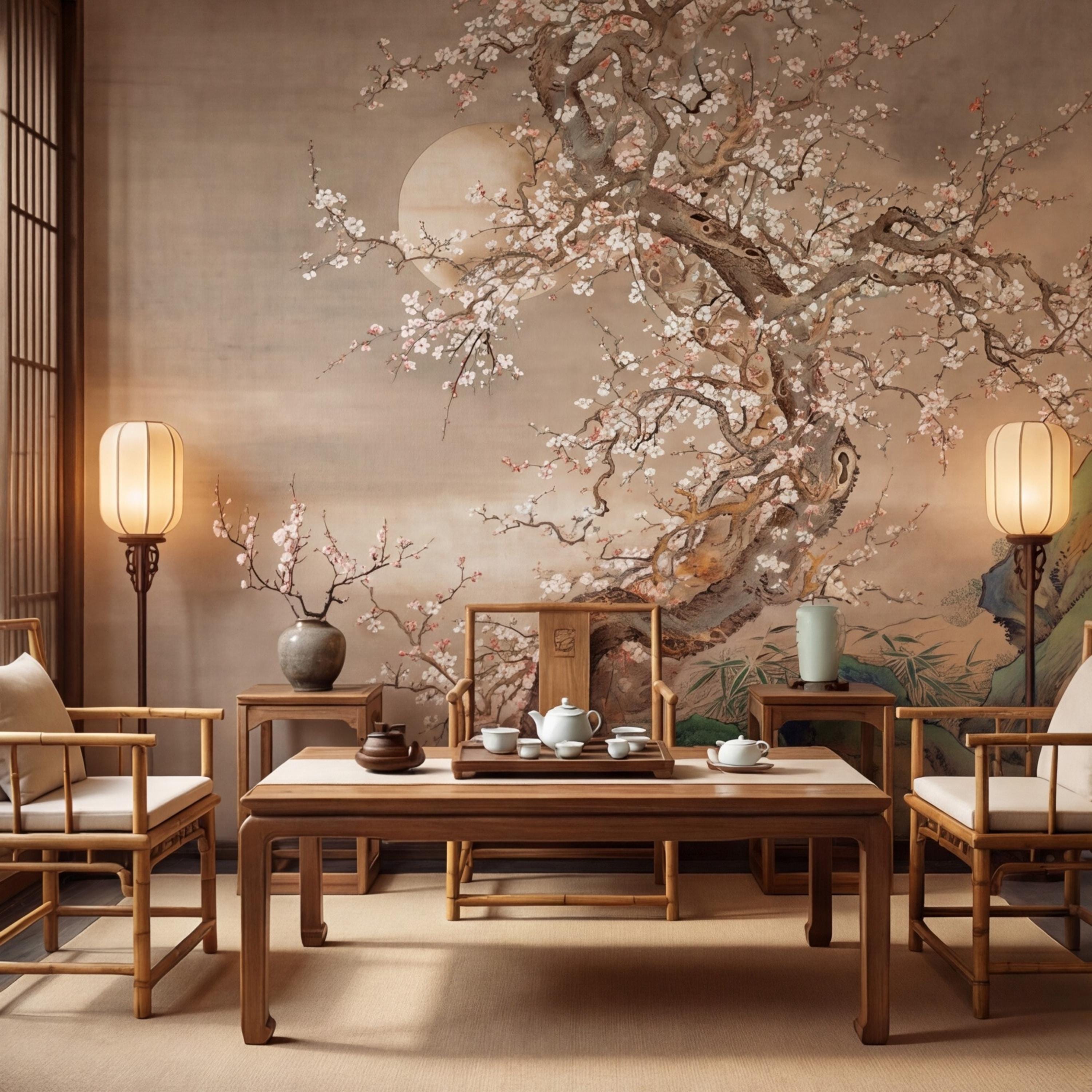 Neutral Beige Asian Blossom Tree Peel and Stick Wall Mural, Chinoiserie Ink Painting Removable Wallpaper