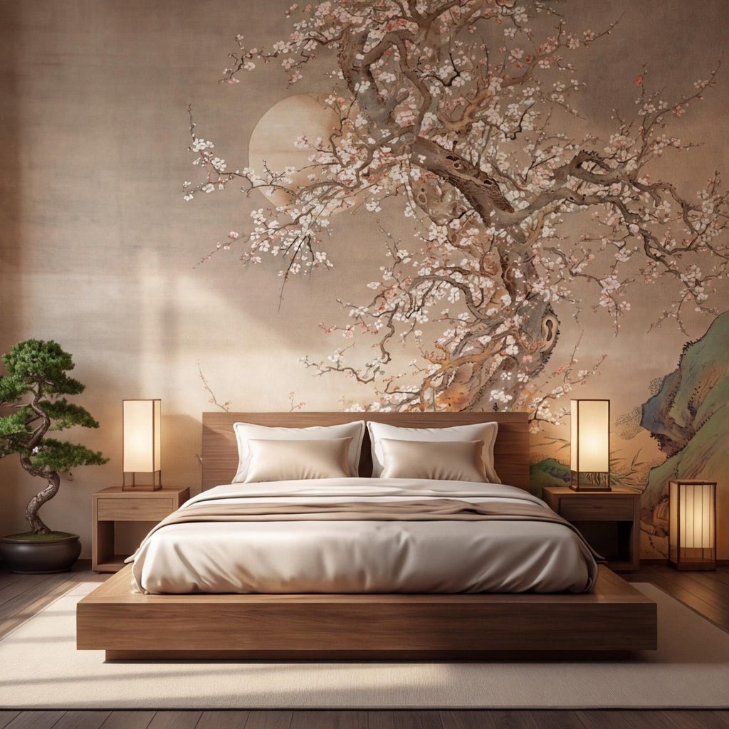 Neutral Beige Asian Blossom Tree Peel and Stick Wall Mural, Chinoiserie Ink Painting Removable Wallpaper