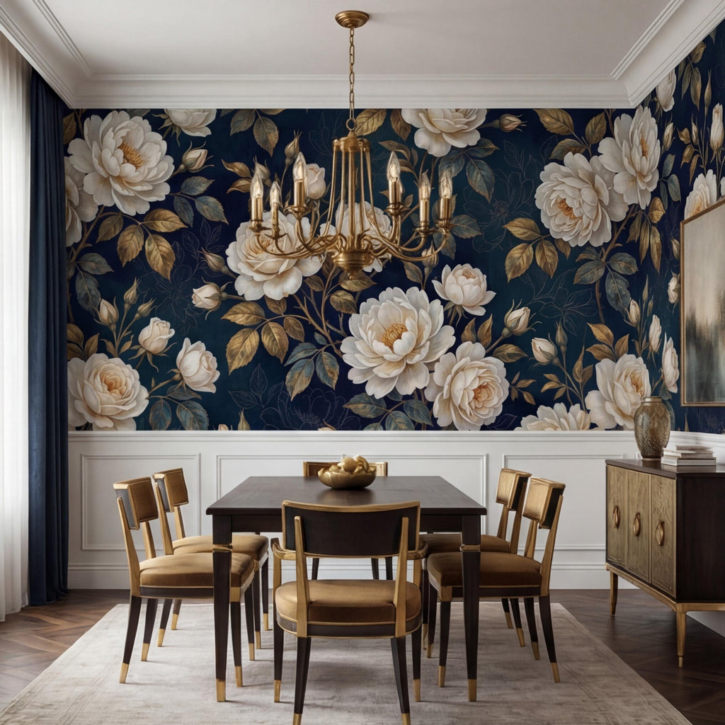 Navy Dark Floral Rose Wall Mural Peel and Stick, White Roses Gold Leaves Removable Wallpaper