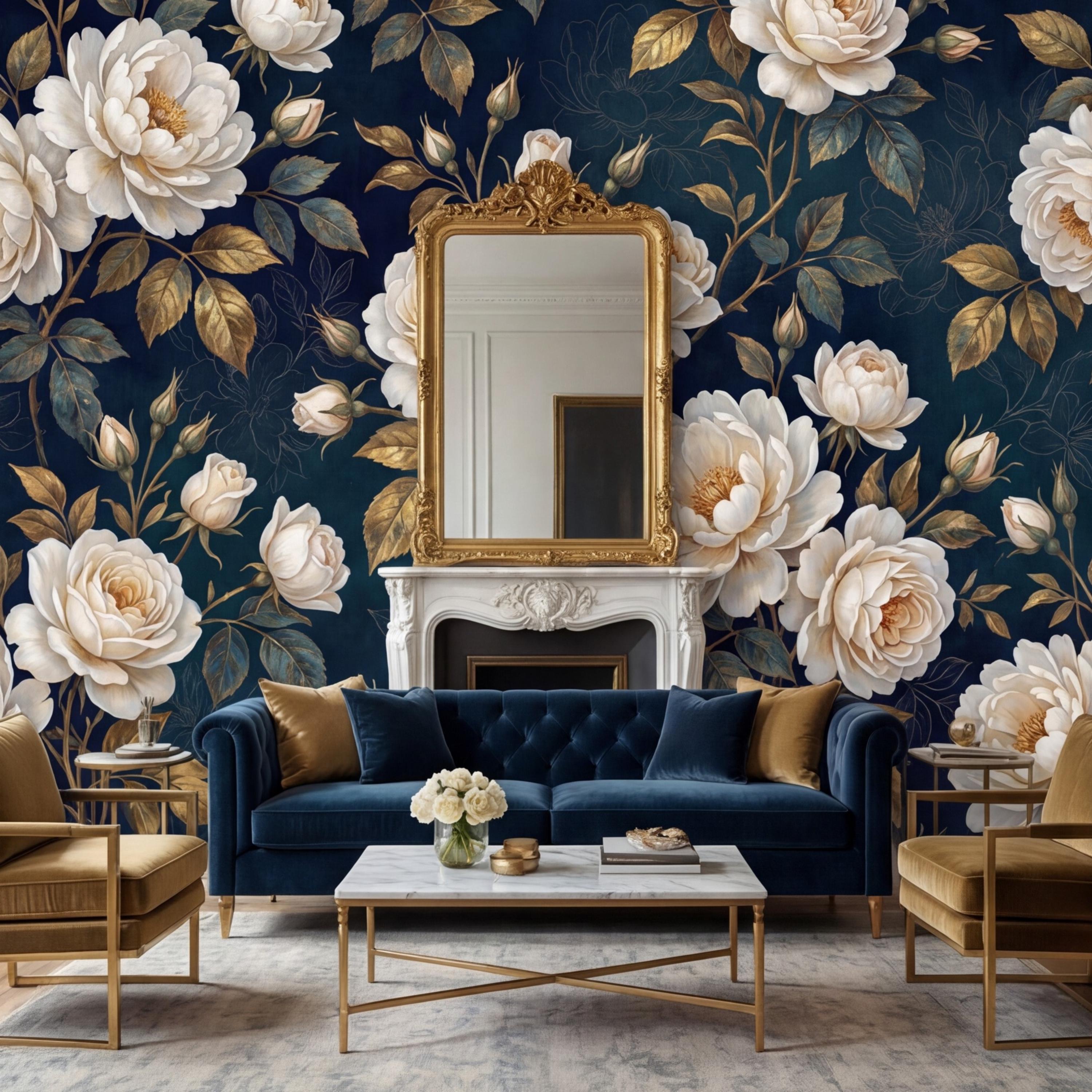 Navy Dark Floral Rose Wall Mural Peel and Stick, White Roses Gold Leaves Removable Wallpaper