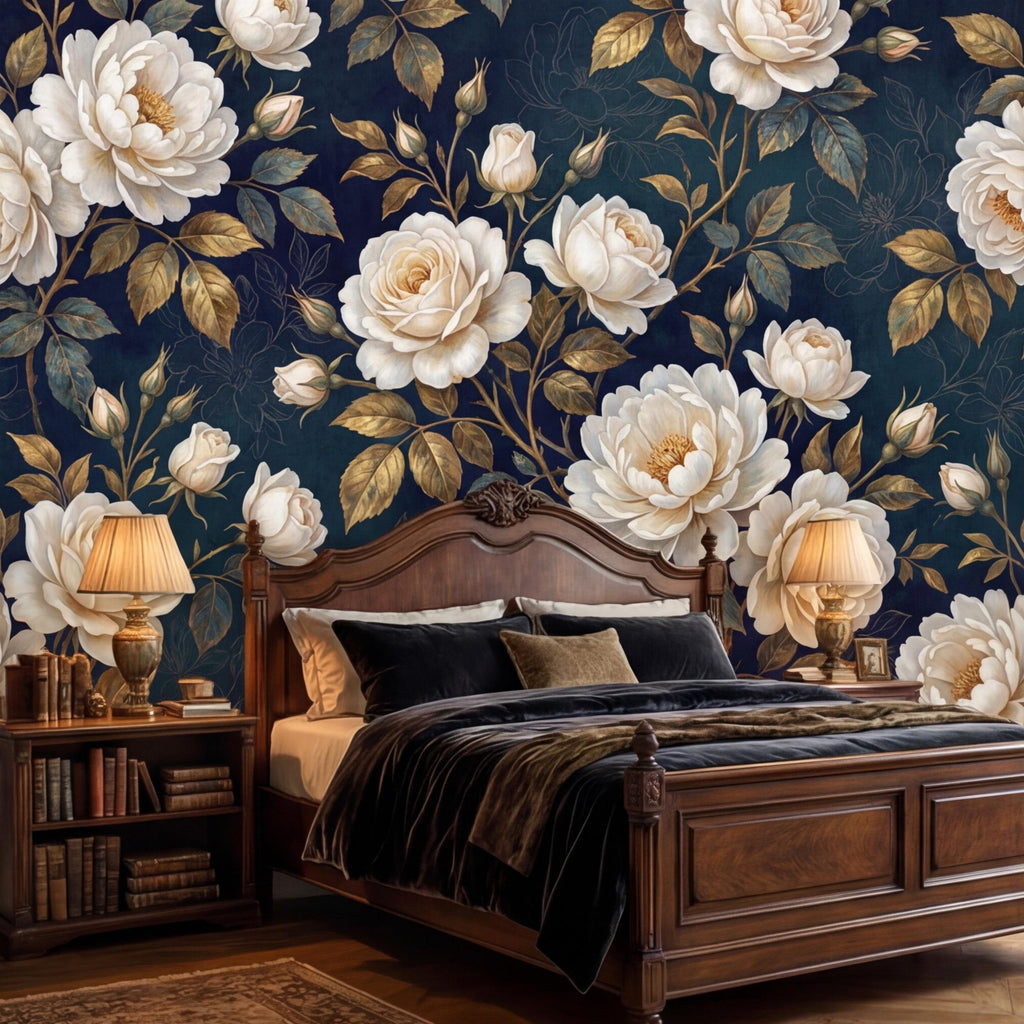 Navy Dark Floral Rose Wall Mural Peel and Stick, White Roses Gold Leaves Removable Wallpaper