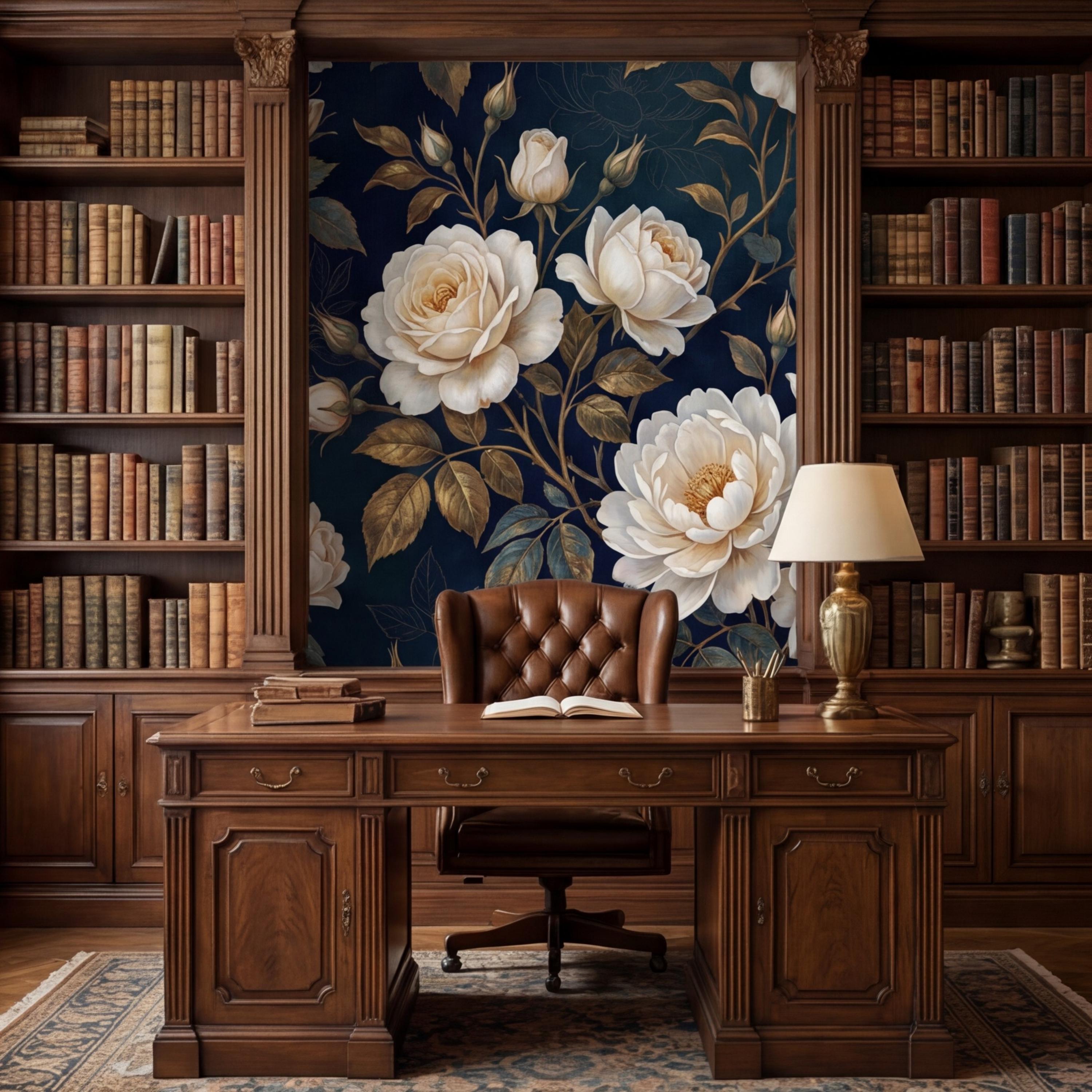 Navy Dark Floral Rose Wall Mural Peel and Stick, White Roses Gold Leaves Removable Wallpaper