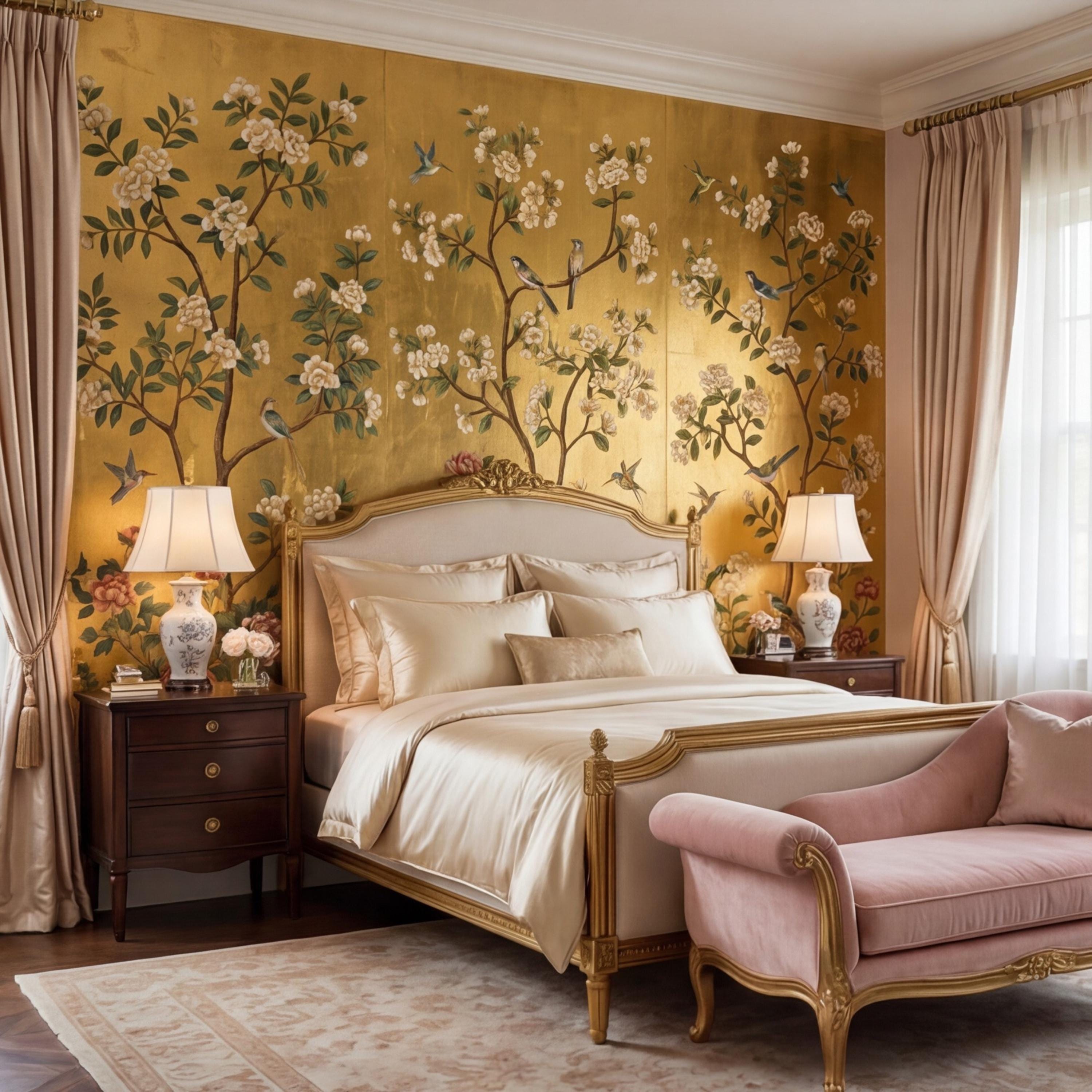 Gold Chinoiserie Birds & Peonies Peel and Stick Wall Mural, Asian Floral Removable Wallpaper Bedroom Living Room