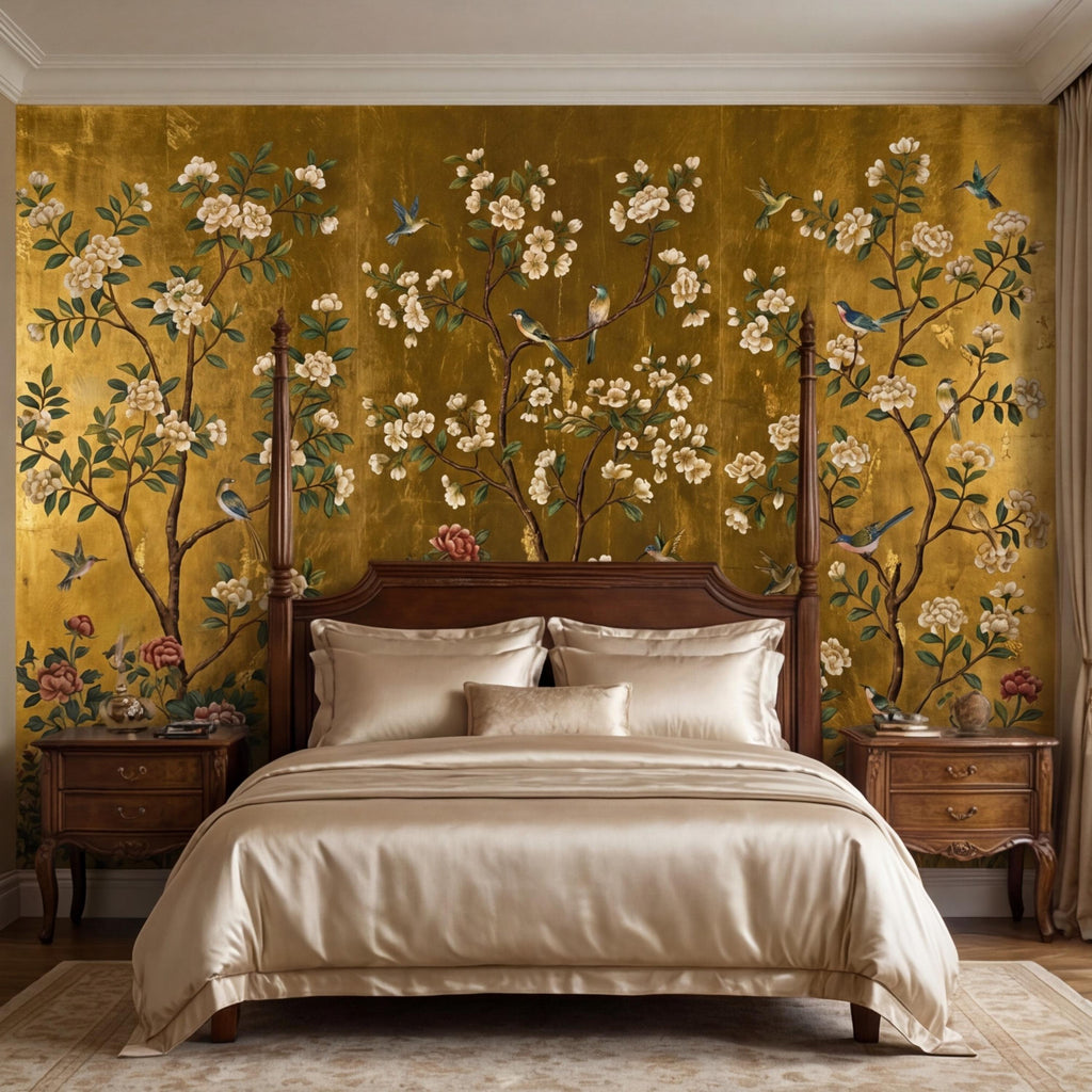 Gold Chinoiserie Birds & Peonies Peel and Stick Wall Mural, Asian Floral Removable Wallpaper Bedroom Living Room