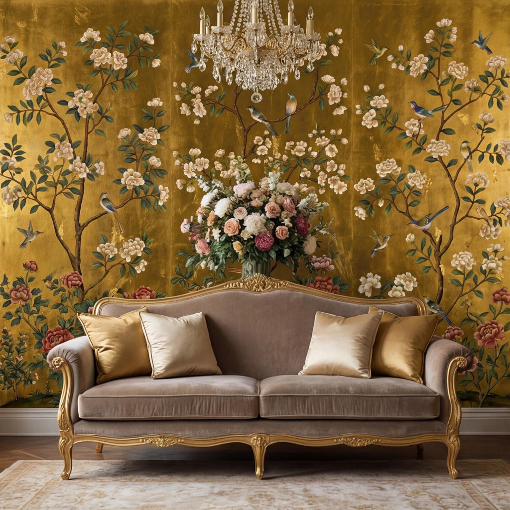 Gold Chinoiserie Birds & Peonies Peel and Stick Wall Mural, Asian Floral Removable Wallpaper Bedroom Living Room