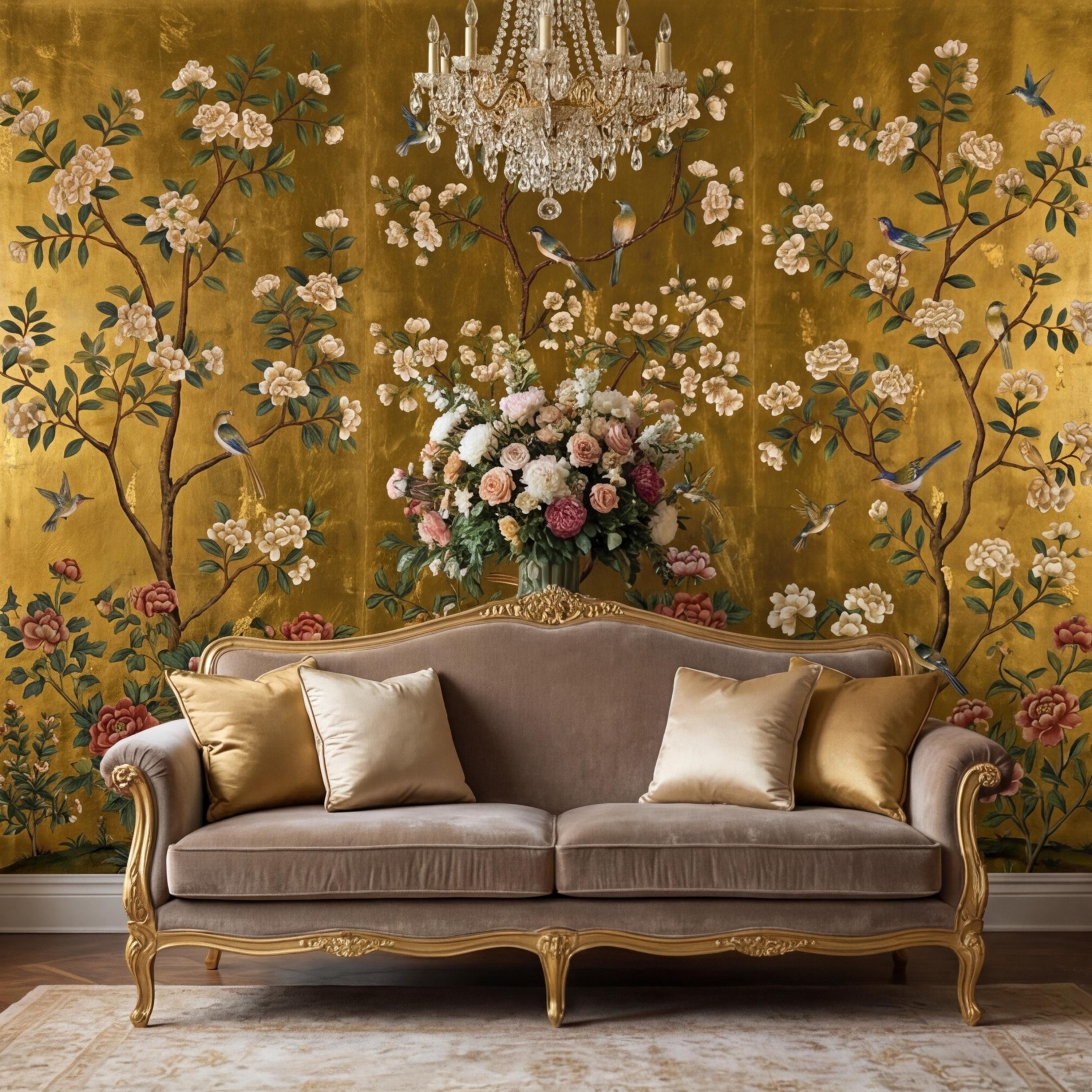 Gold Chinoiserie Birds & Peonies Peel and Stick Wall Mural, Asian Floral Removable Wallpaper Bedroom Living Room