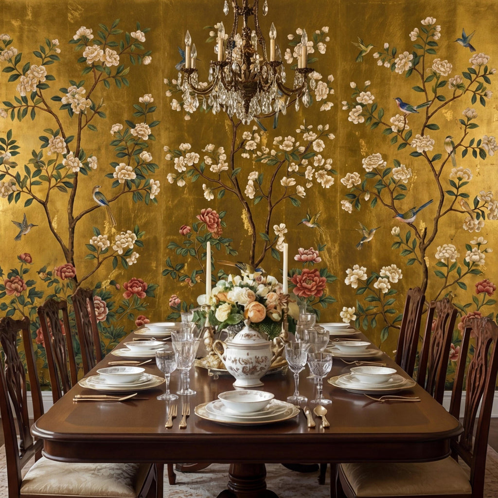 Gold Chinoiserie Birds & Peonies Peel and Stick Wall Mural, Asian Floral Removable Wallpaper Bedroom Living Room