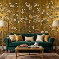 Gold Chinoiserie Birds & Peonies Peel and Stick Wall Mural, Asian Floral Removable Wallpaper Bedroom Living Room