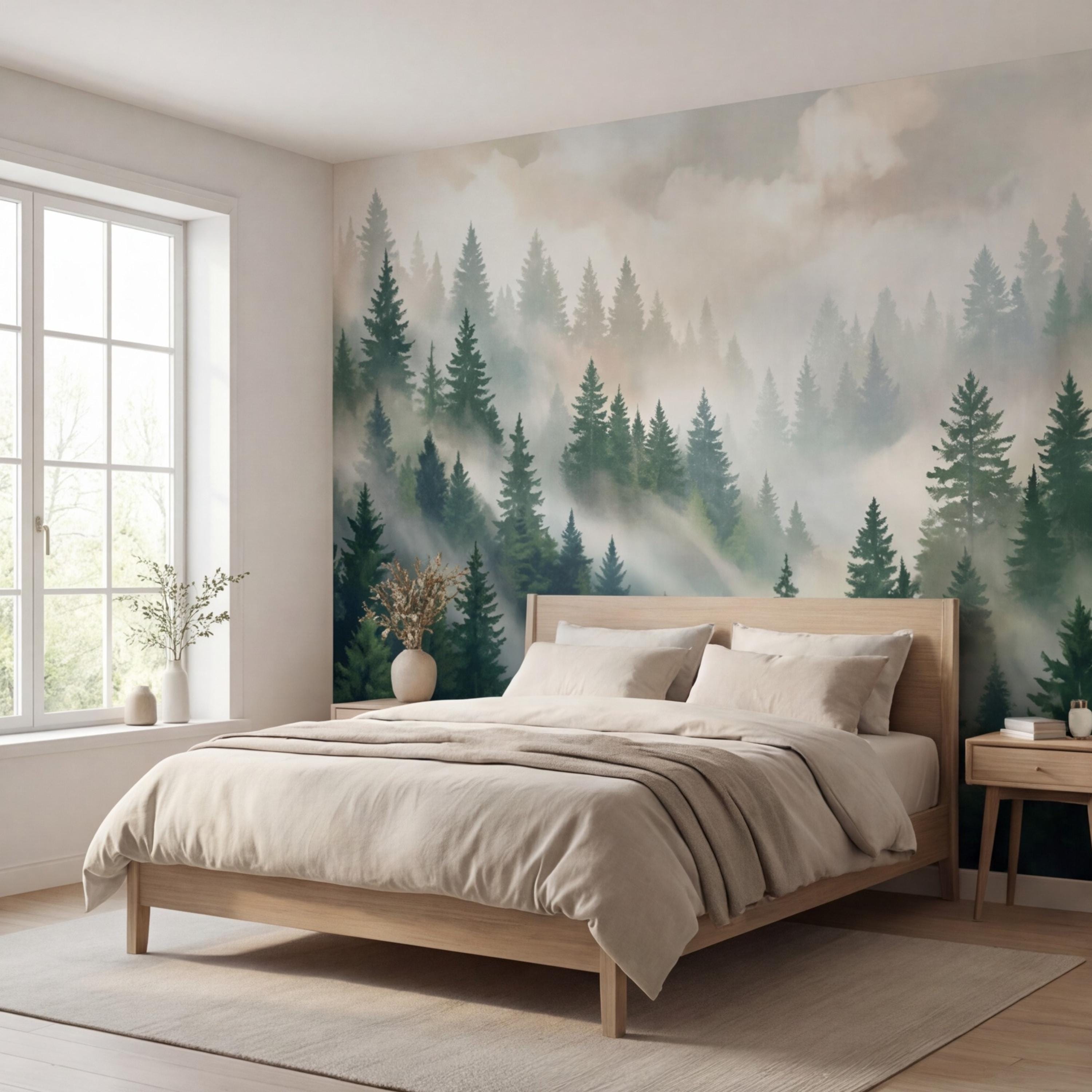 Misty Pine Forest Painting Peel and Stick Wall Mural, Green Mountain Trees Nature Removable Wallpaper Bedroom & Living Room