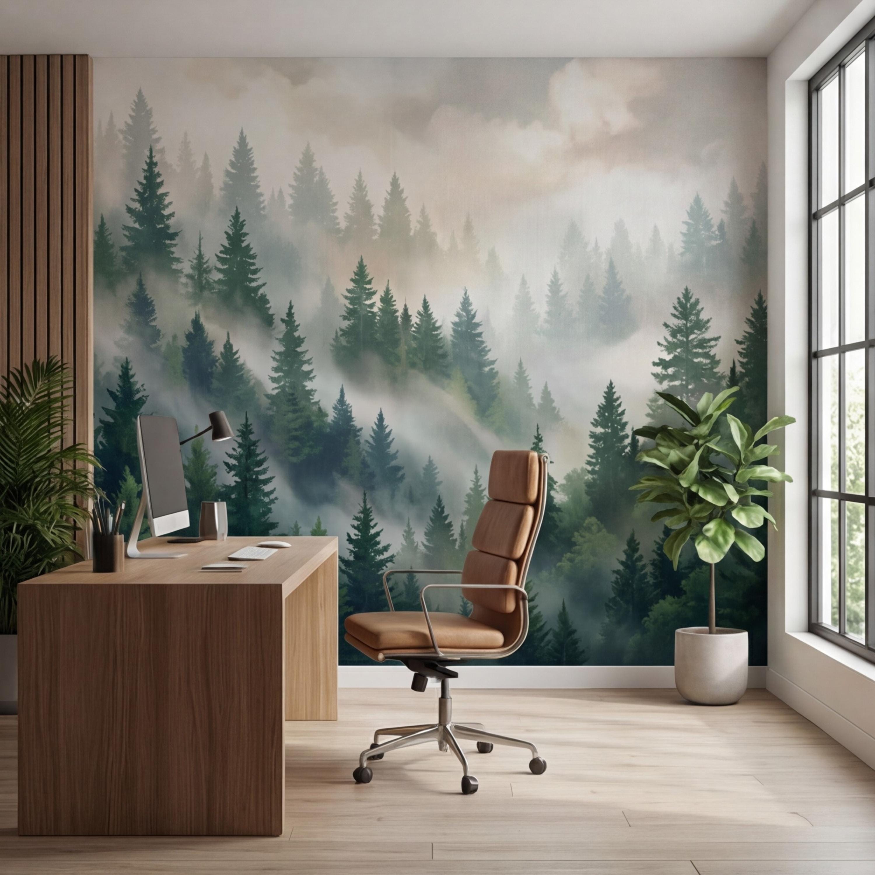 Misty Pine Forest Painting Peel and Stick Wall Mural, Green Mountain Trees Nature Removable Wallpaper Bedroom & Living Room